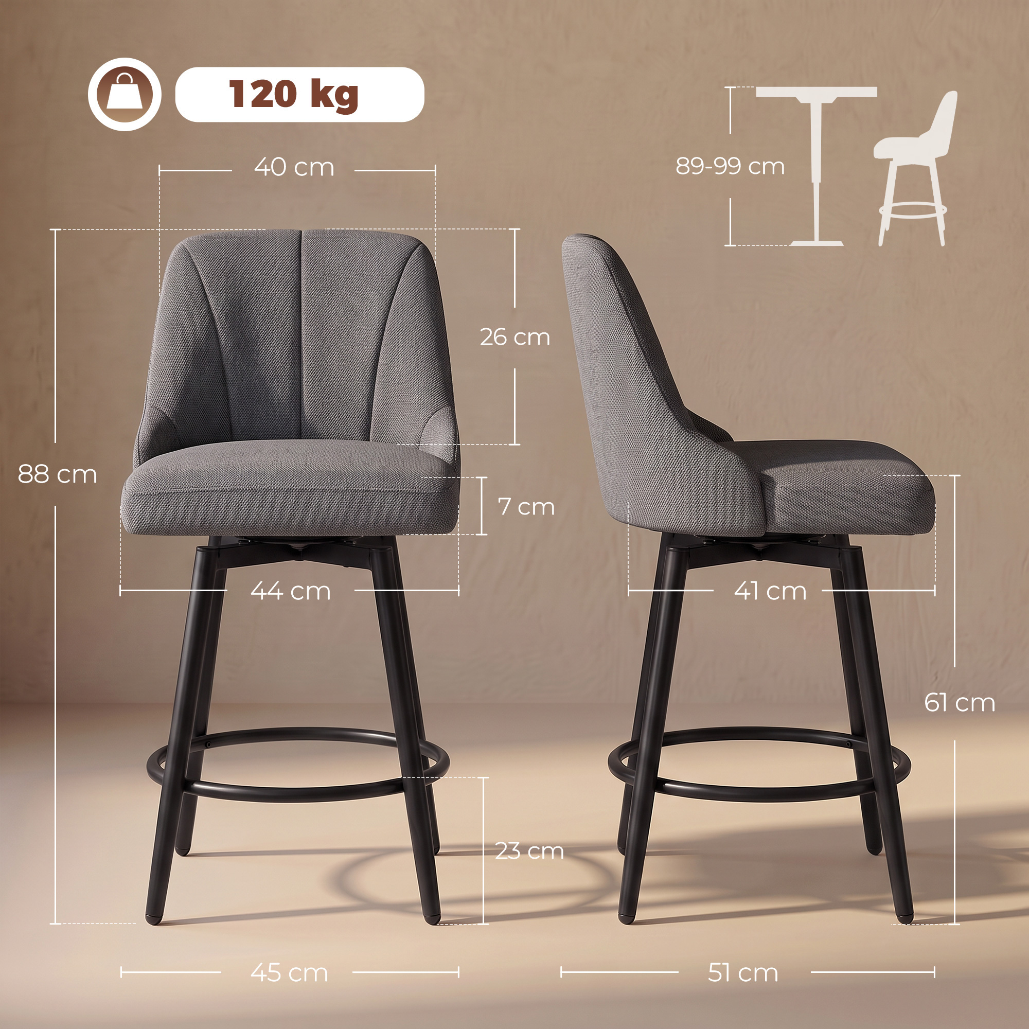 Taburete de bar gris con patas negras y medidas dimensionales sobre fondo beige.