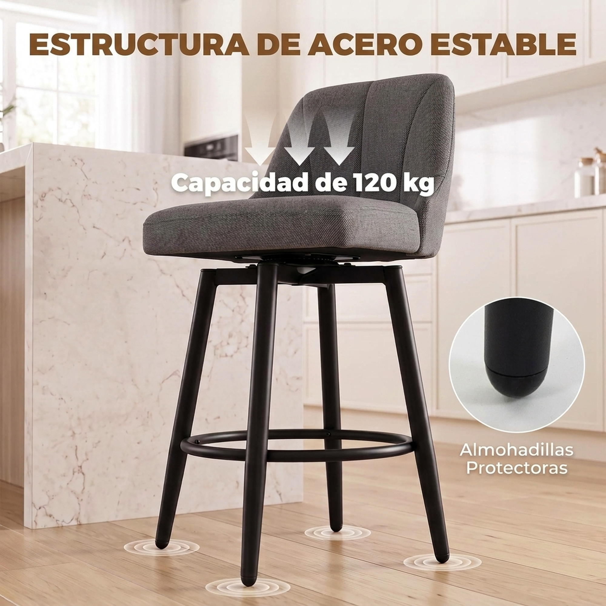 Taburete de bar gris con estructura de acero negro, capacidad de 120 kg y almohadillas protectoras.