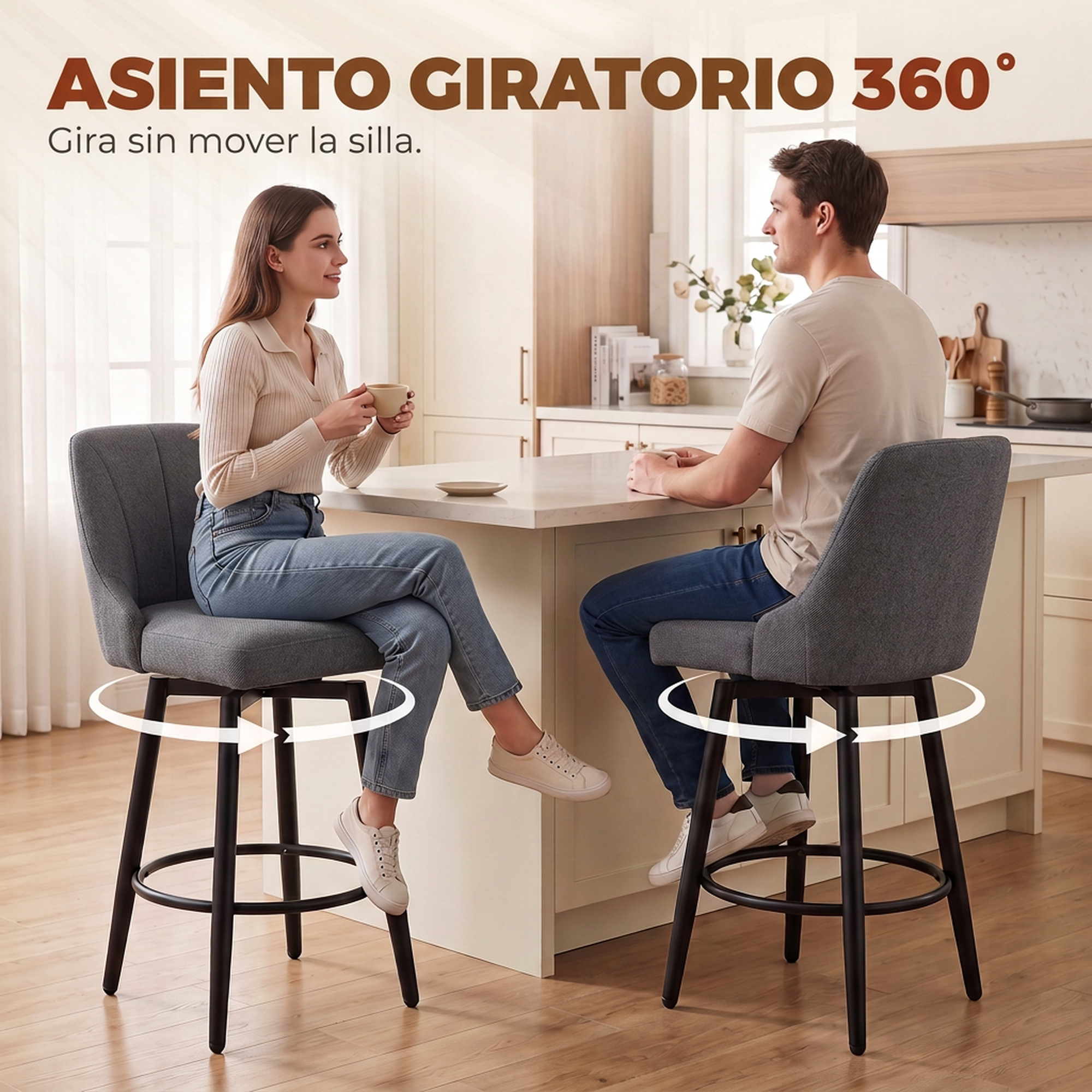 Una pareja está sentada en taburetes de bar giratorios grises en una isla de cocina.