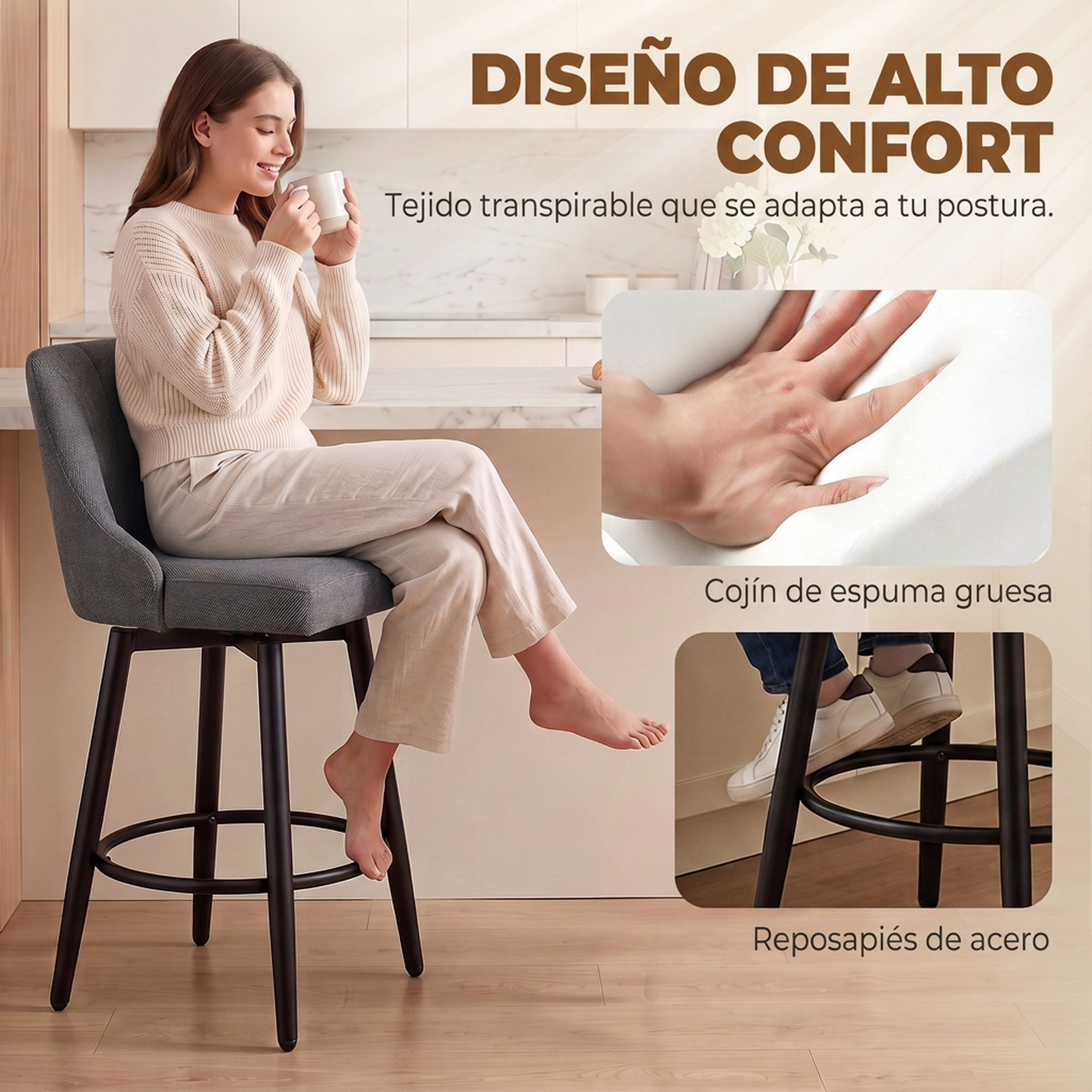 Una mujer se sienta en un taburete de bar gris en una cocina bebiendo de una taza. Los detalles muestran el cojín y el reposapiés.