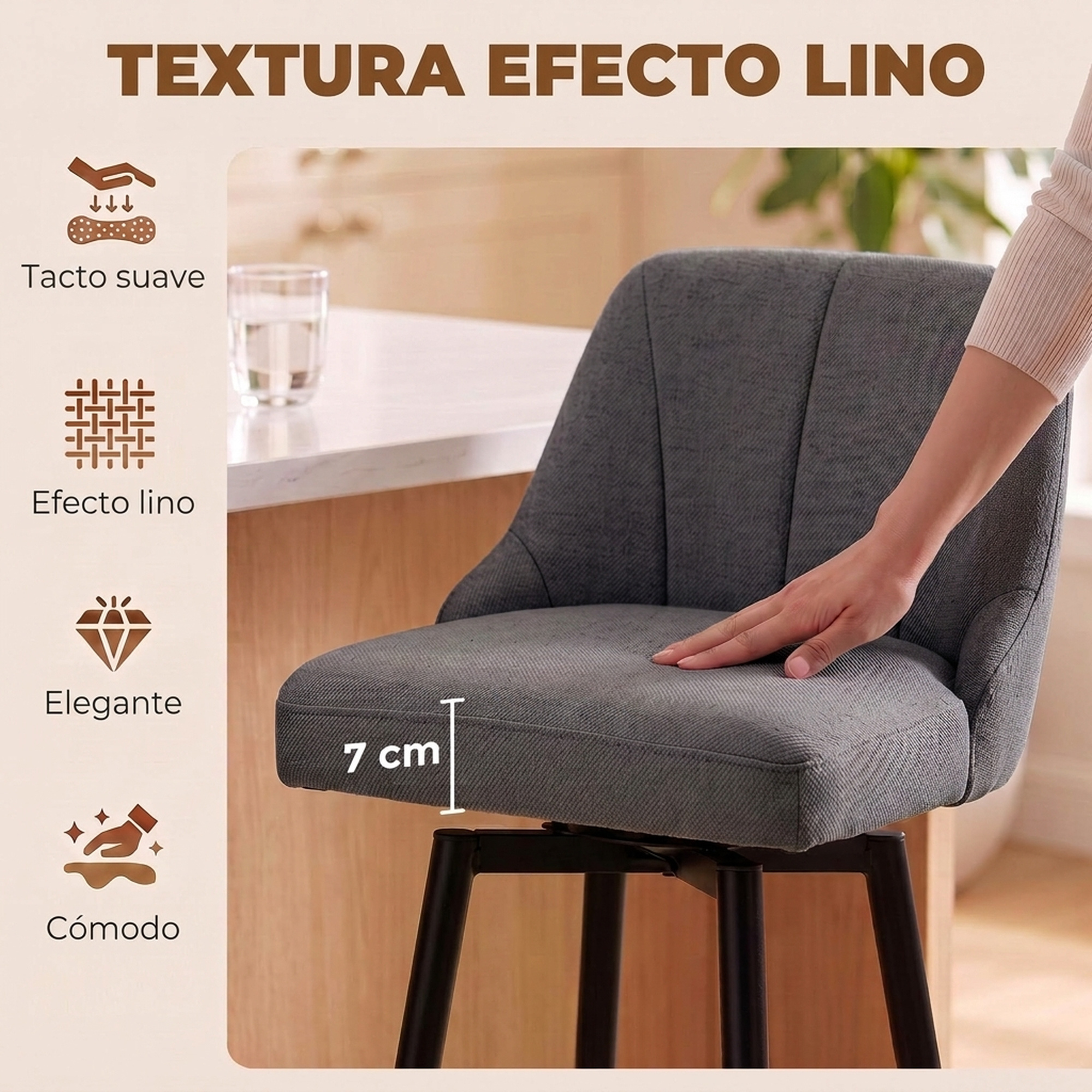 Taburete gris con cojín de 7 cm y texto sobre efecto lino.