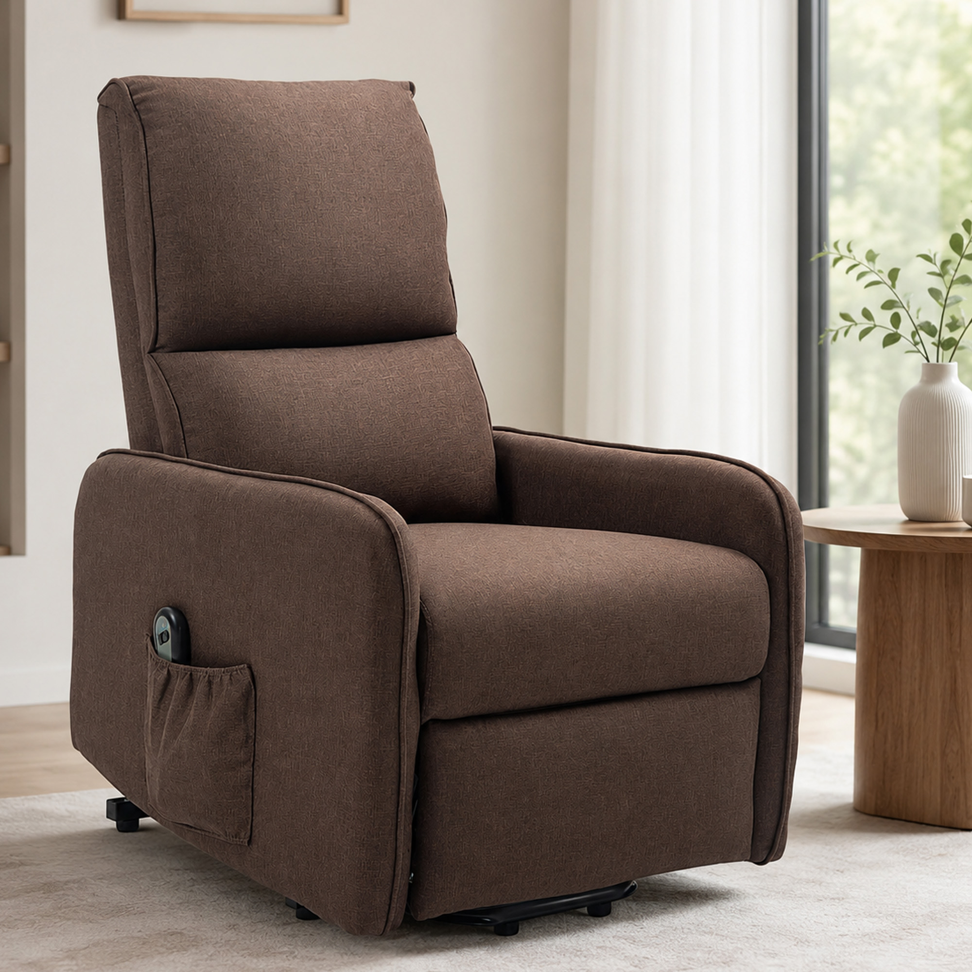 Un sillón reclinable eléctrico marrón sobre una alfombra en una habitación luminosa, junto a una mesa de madera.