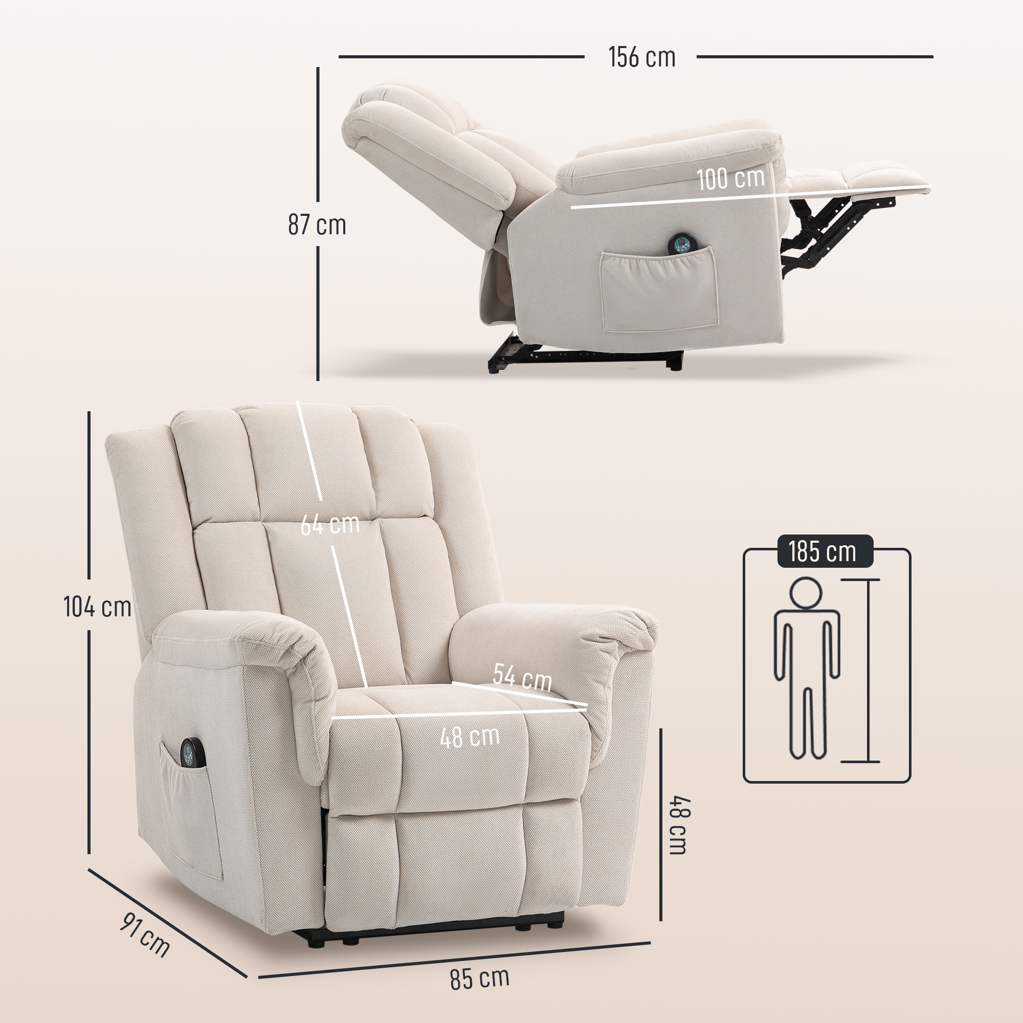 Sillón reclinable beige con medidas detalladas en perfil y de frente.