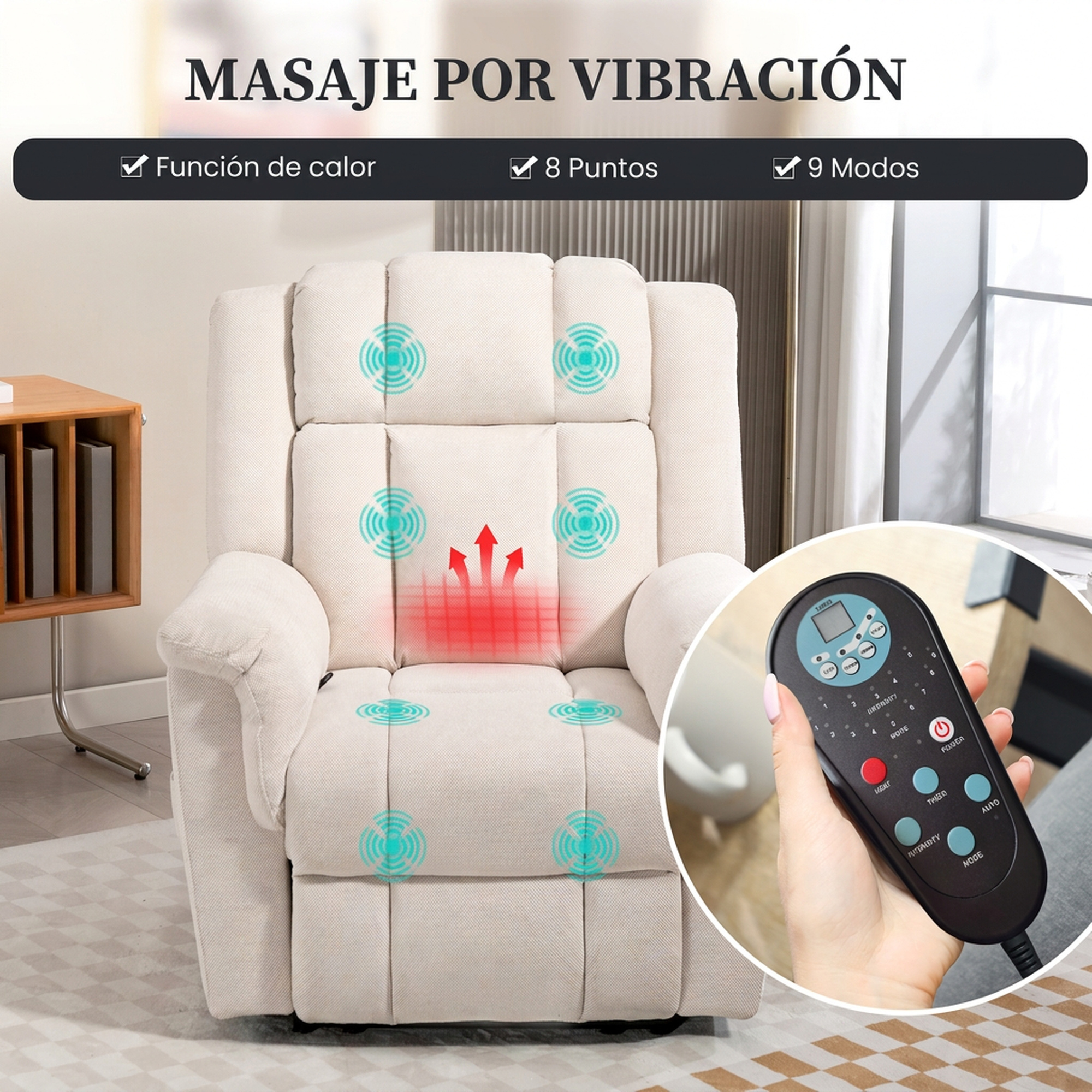 Un sillón reclinable de masaje beige con funciones de calor y vibración y su control remoto.