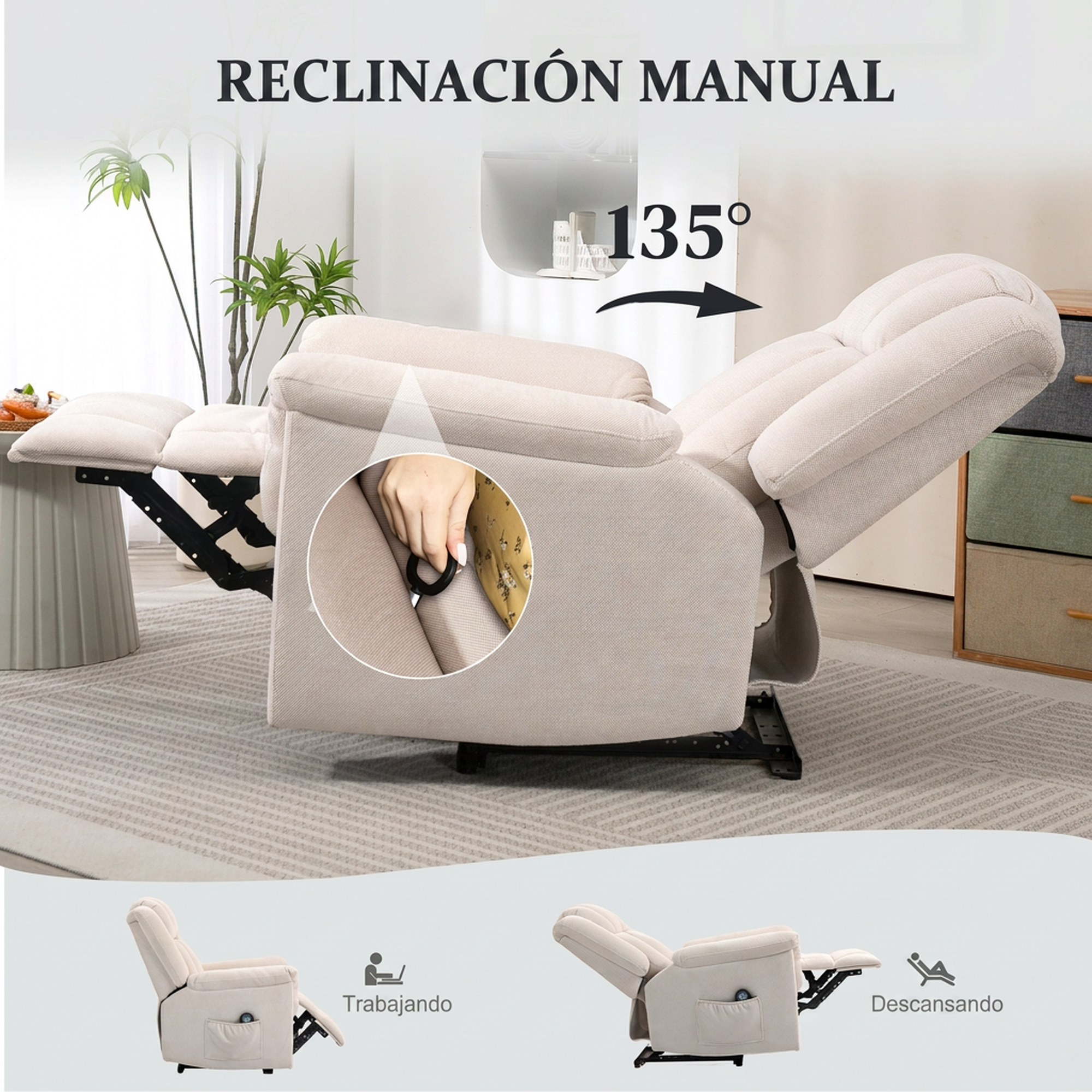 Sillón reclinable manual beige con inclinación de 135 grados, el recuadro muestra una mano tirando de una palanca.