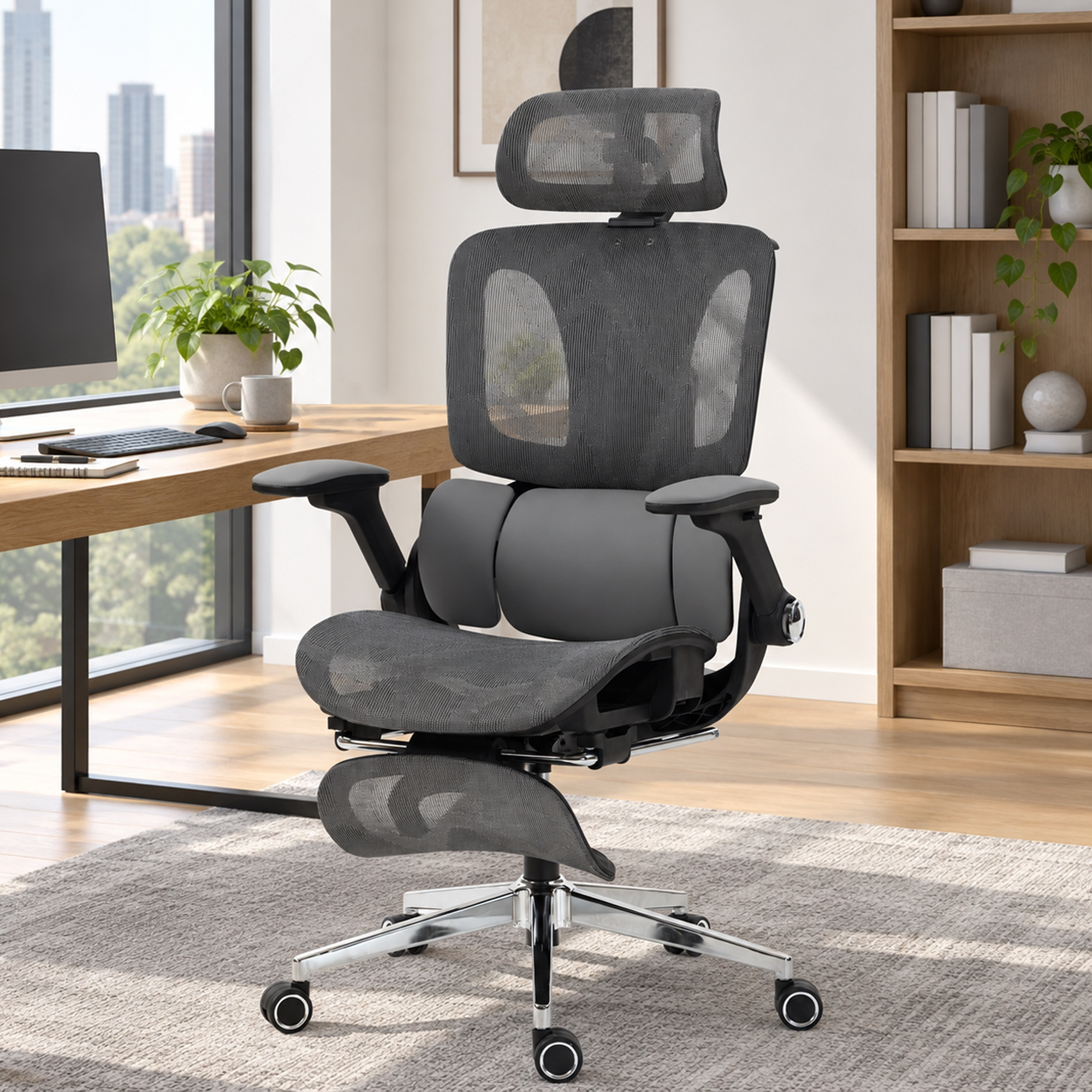 Una silla de oficina ergonomica gris con reposacabezas y reposapies esta sobre una alfombra en una habitacion luminosa.