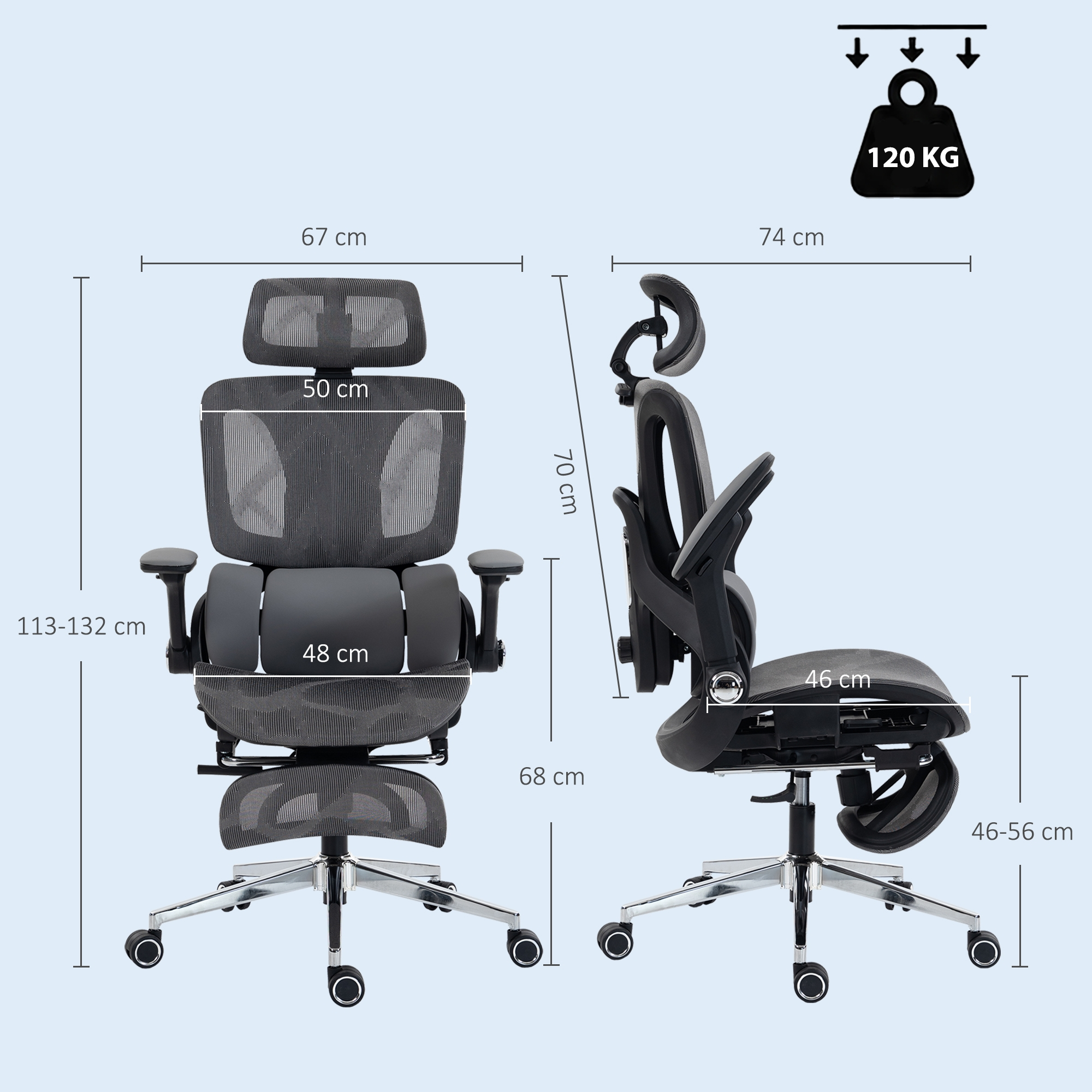 Dibujo tecnico de una silla de oficina ergonomica con dimensiones y capacidad de peso de 120 kg.