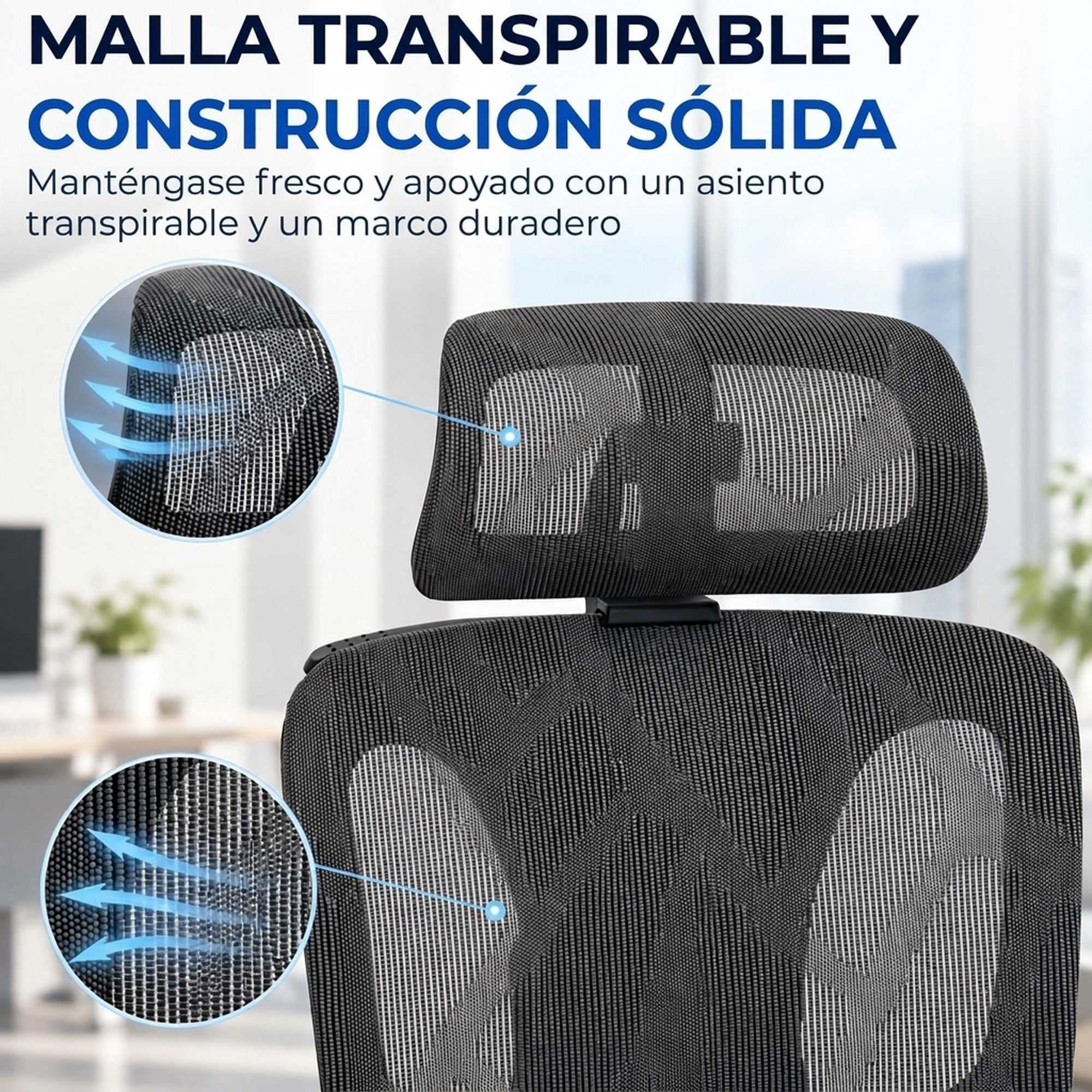 Primer plano de una silla de oficina negra que destaca la malla transpirable en el reposacabezas y respaldo.