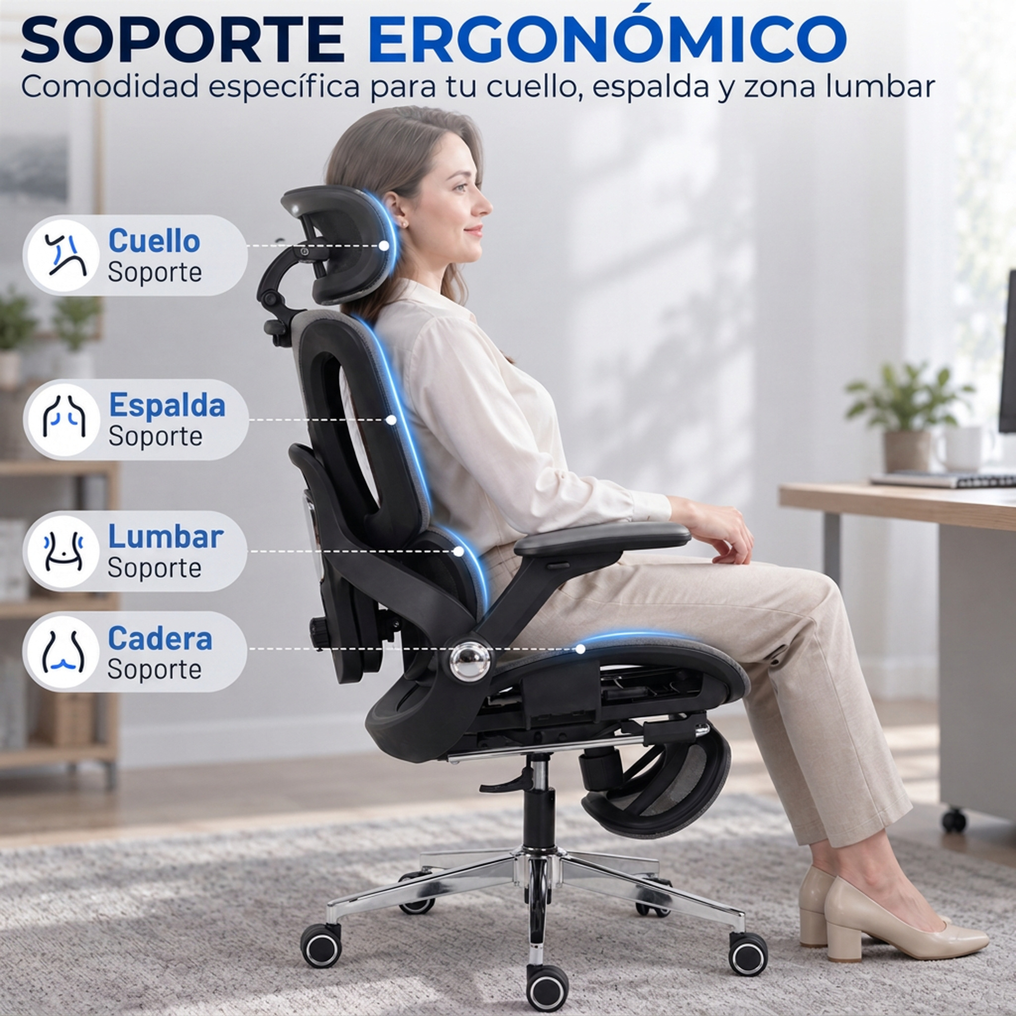 Una mujer se sienta en una silla ergonómica mostrando soporte para cuello, espalda, lumbar y cadera.