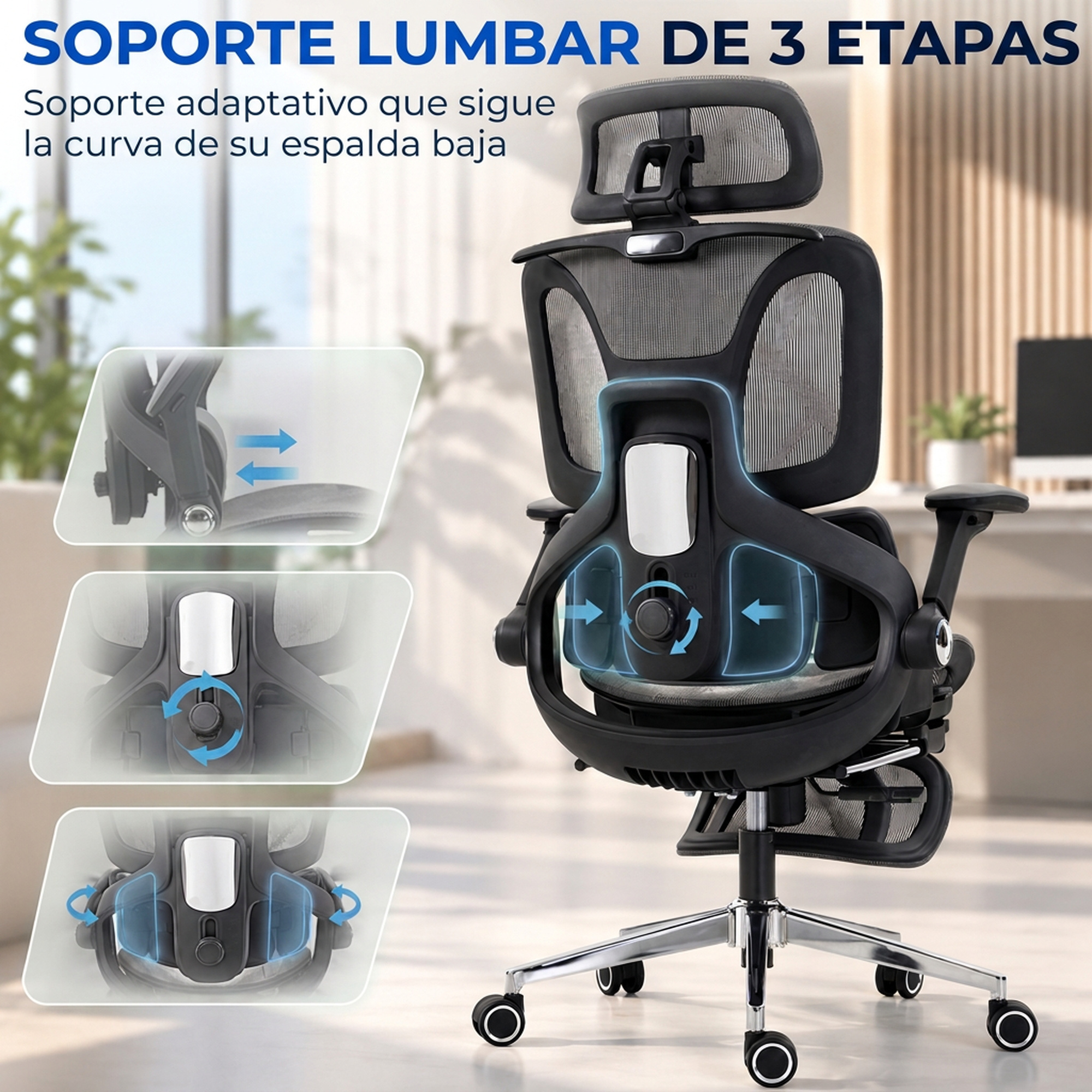 Silla de oficina negra ergonómica con soporte lumbar ajustable y reposacabezas en una habitación luminosa.