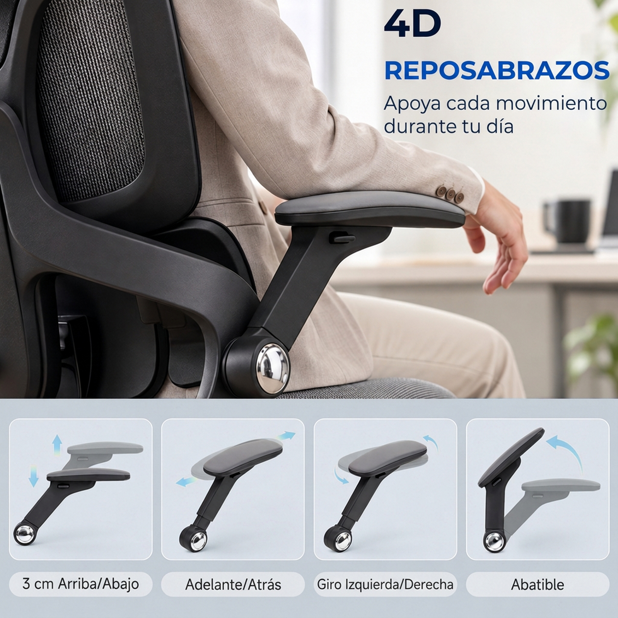 Una silla ergonómica con reposabrazos 4D y cuatro diagramas de ajuste abajo.
