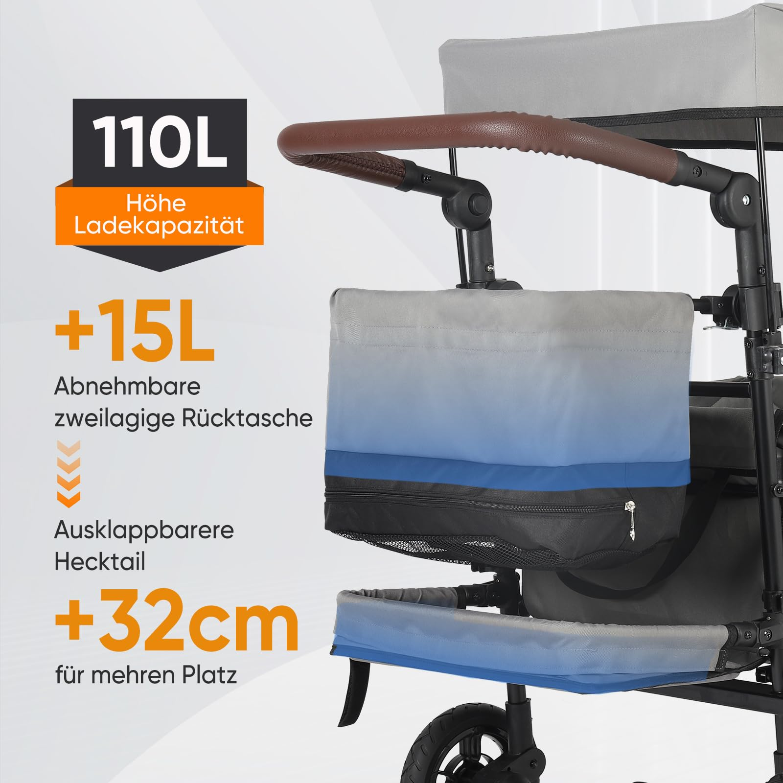 Détails de la poussette avec sac de 110L, sac arrière amovible de 15L et hayon arrière extensible de 32cm.