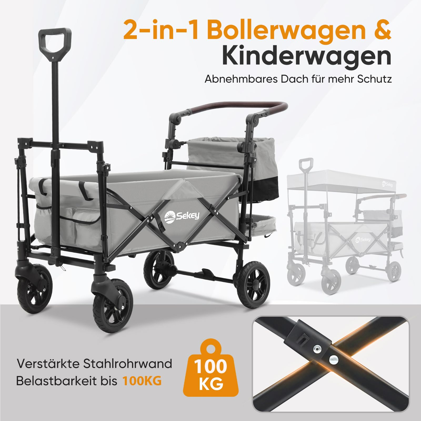 Un chariot Sekey 2 en 1 gris avec cadre noir et poignée, supportant jusqu'à 100 kg.
