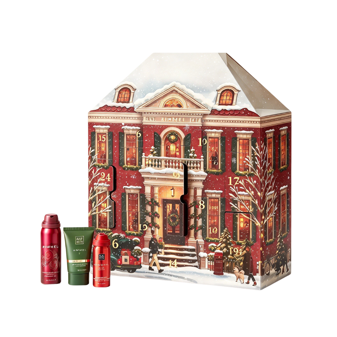 Ein schneebedecktes Haus-Adventskalender mit Nummerierung und drei Kosmetikprodukten davor.
