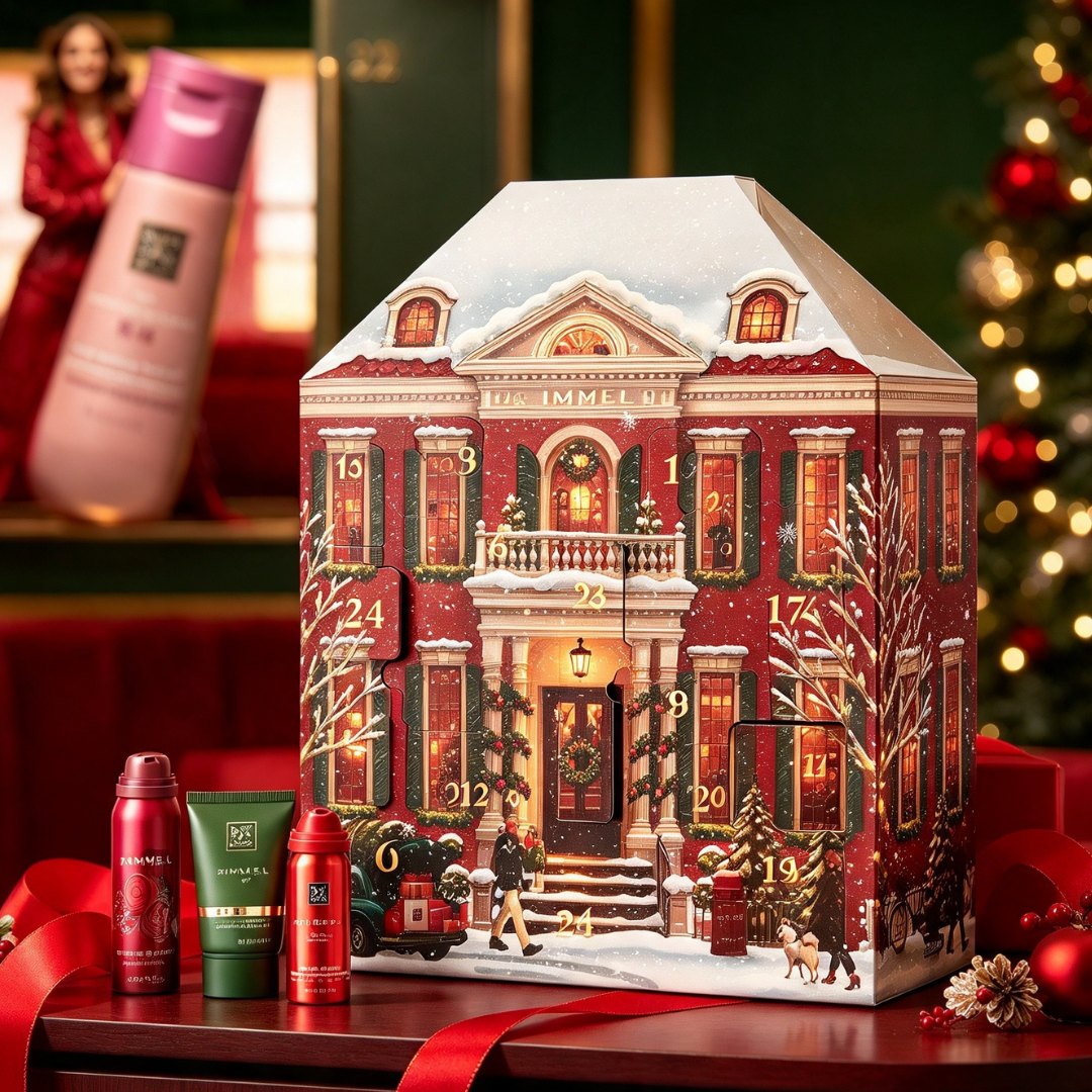 Ein weihnachtlicher Adventskalender in Form eines roten Hauses steht auf einem Tisch mit kleinen Pflegeprodukten.