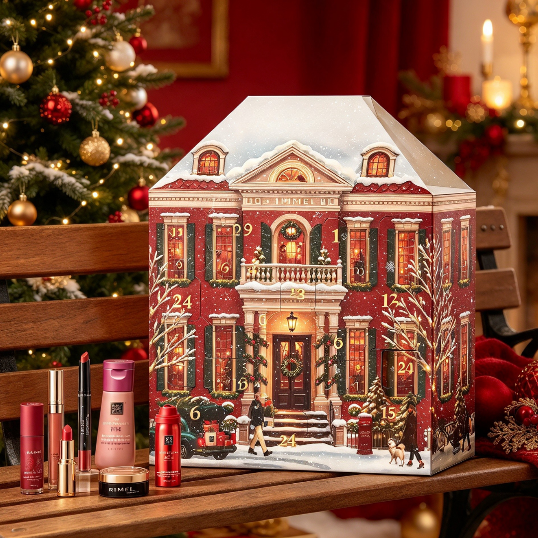 Ein weihnachtlicher Adventskalender im Haus-Design auf einer Bank, umgeben von Kosmetikprodukten und Weihnachtsdeko.