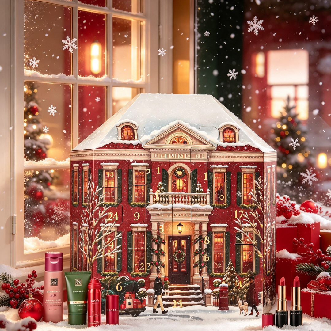 Ein großer roter Adventskalender wie ein Herrenhaus, umgeben von Schnee, Kosmetik und Weihnachtsdeko.