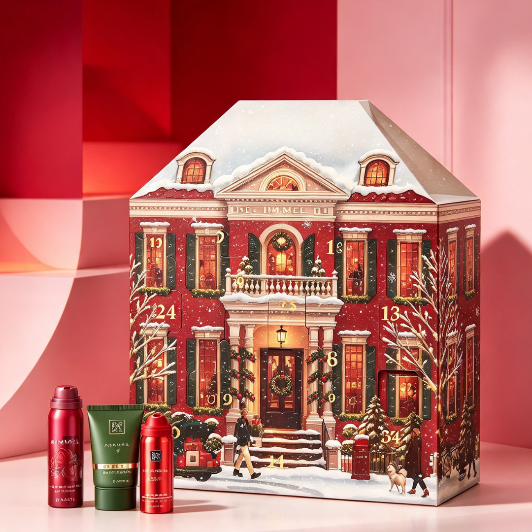 Ein großes rot-weißes hausförmiges Adventskalender steht vor rosa Hintergrund mit drei Kosmetikprodukten davor.