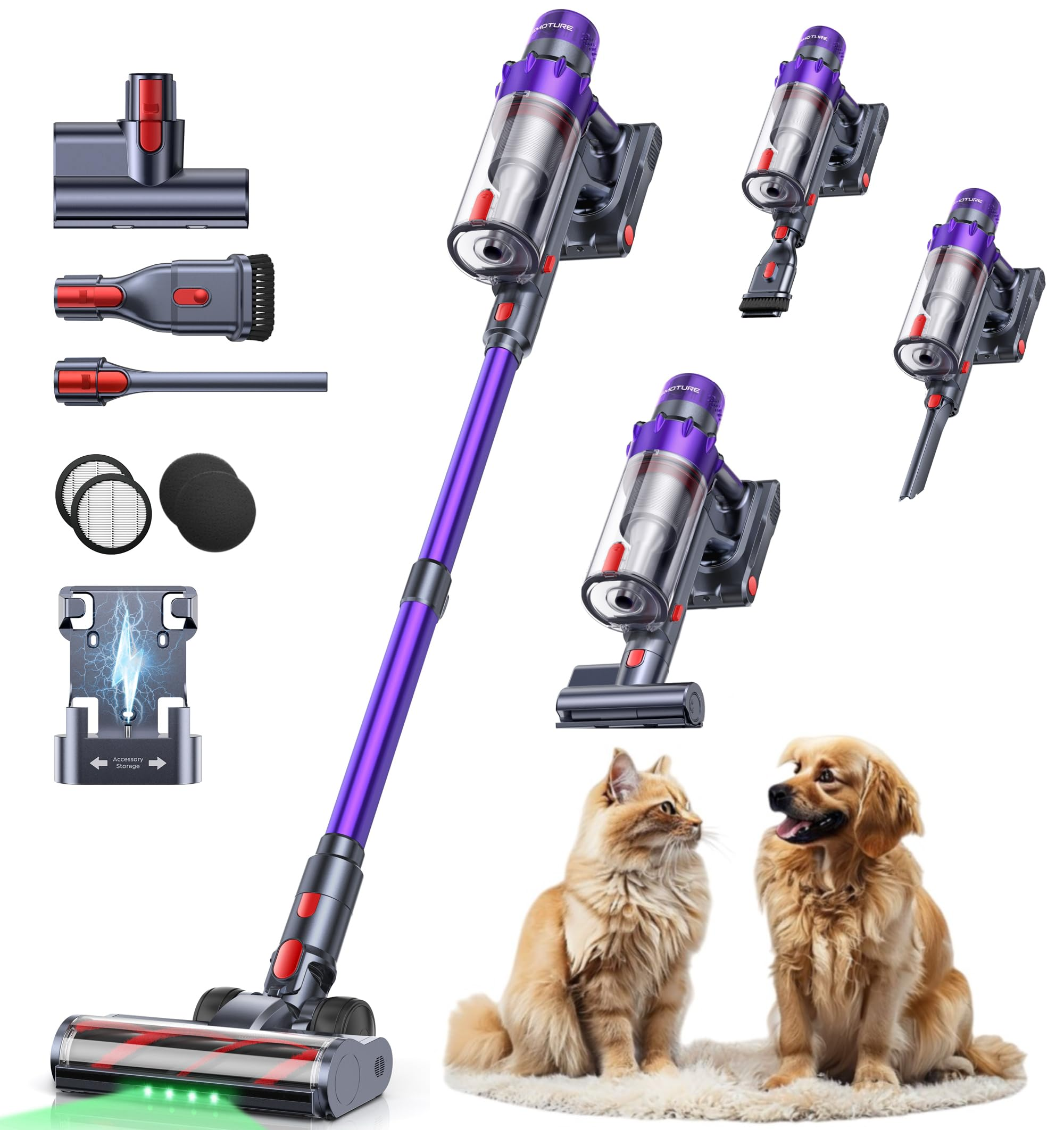 Aspirapolvere senza fili viola con accessori, accanto a un gatto e un cane su un tappeto.