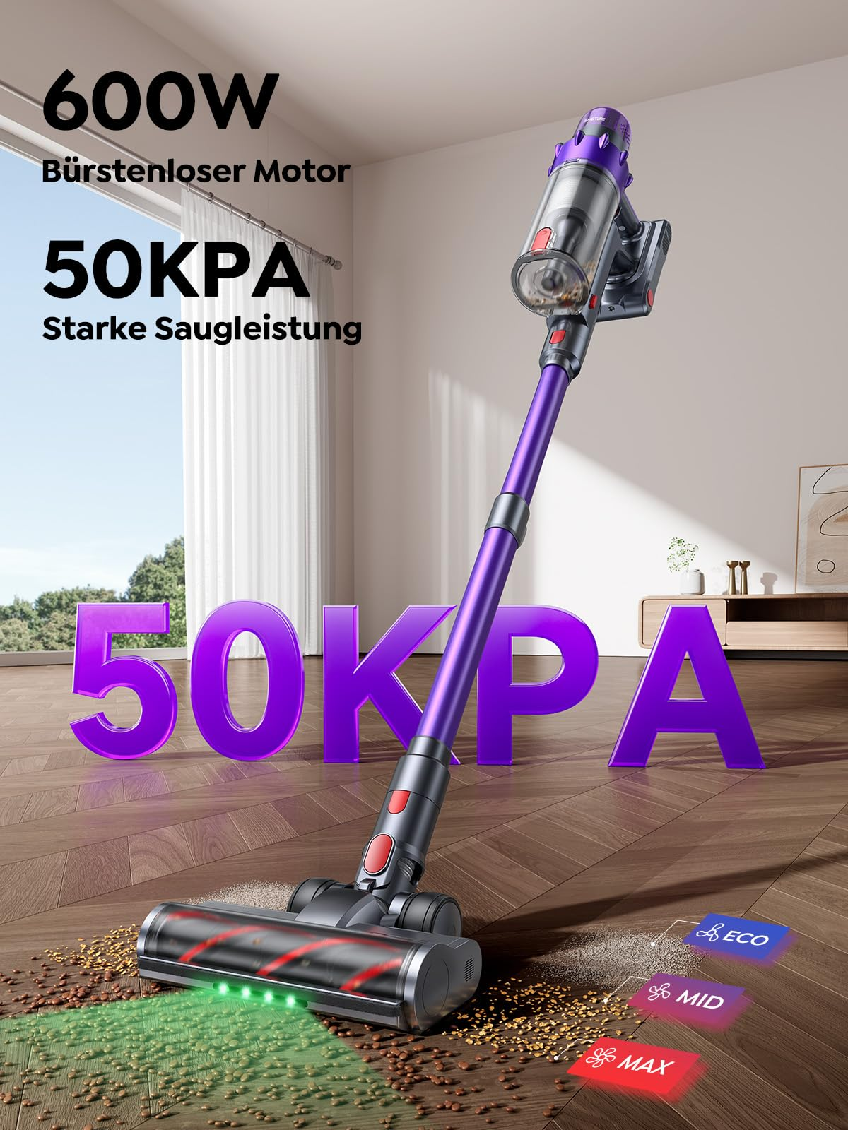 Aspirapolvere senza fili con tubo viola e spazzola LED su pavimento in legno, con testo.
