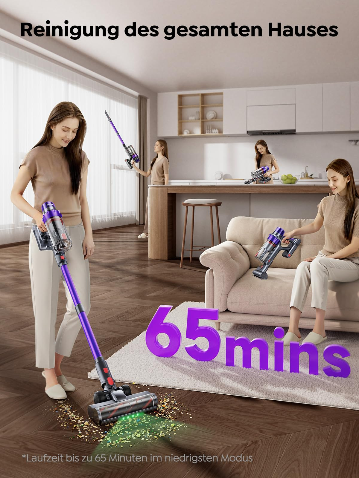 Donna aspira il pavimento con un aspirapolvere senza fili, testo e viste multiple sullo sfondo.