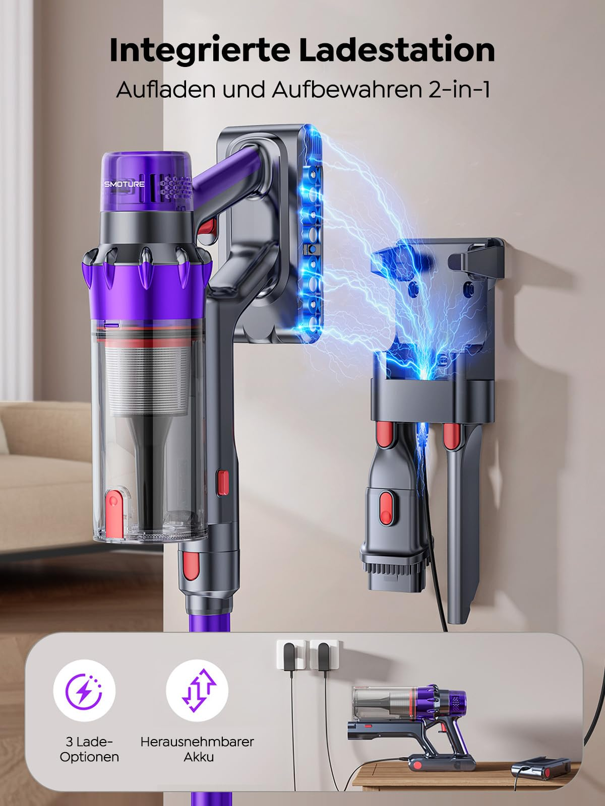 Aspirapolvere senza fili viola su supporto a parete con scintille elettriche blu.