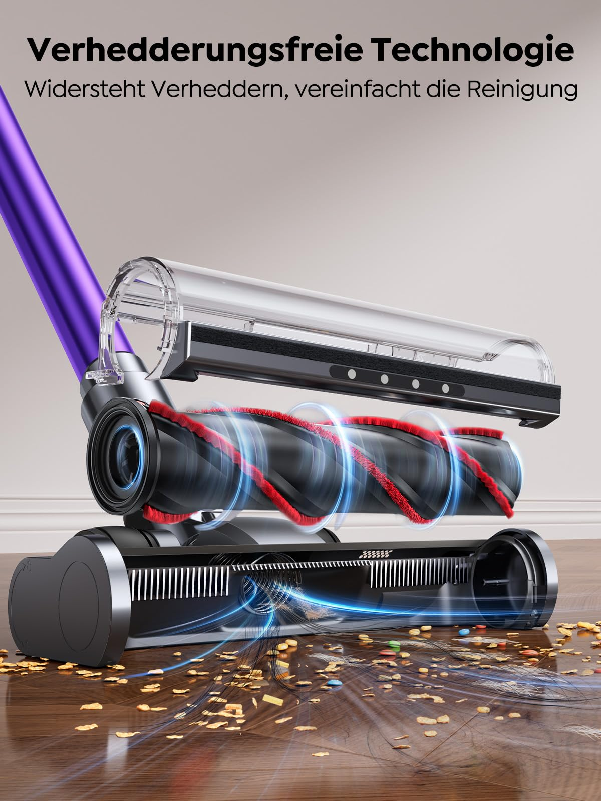 Spazzola per aspirapolvere con tecnologia anti-groviglio rimuove capelli e briciole dal pavimento.