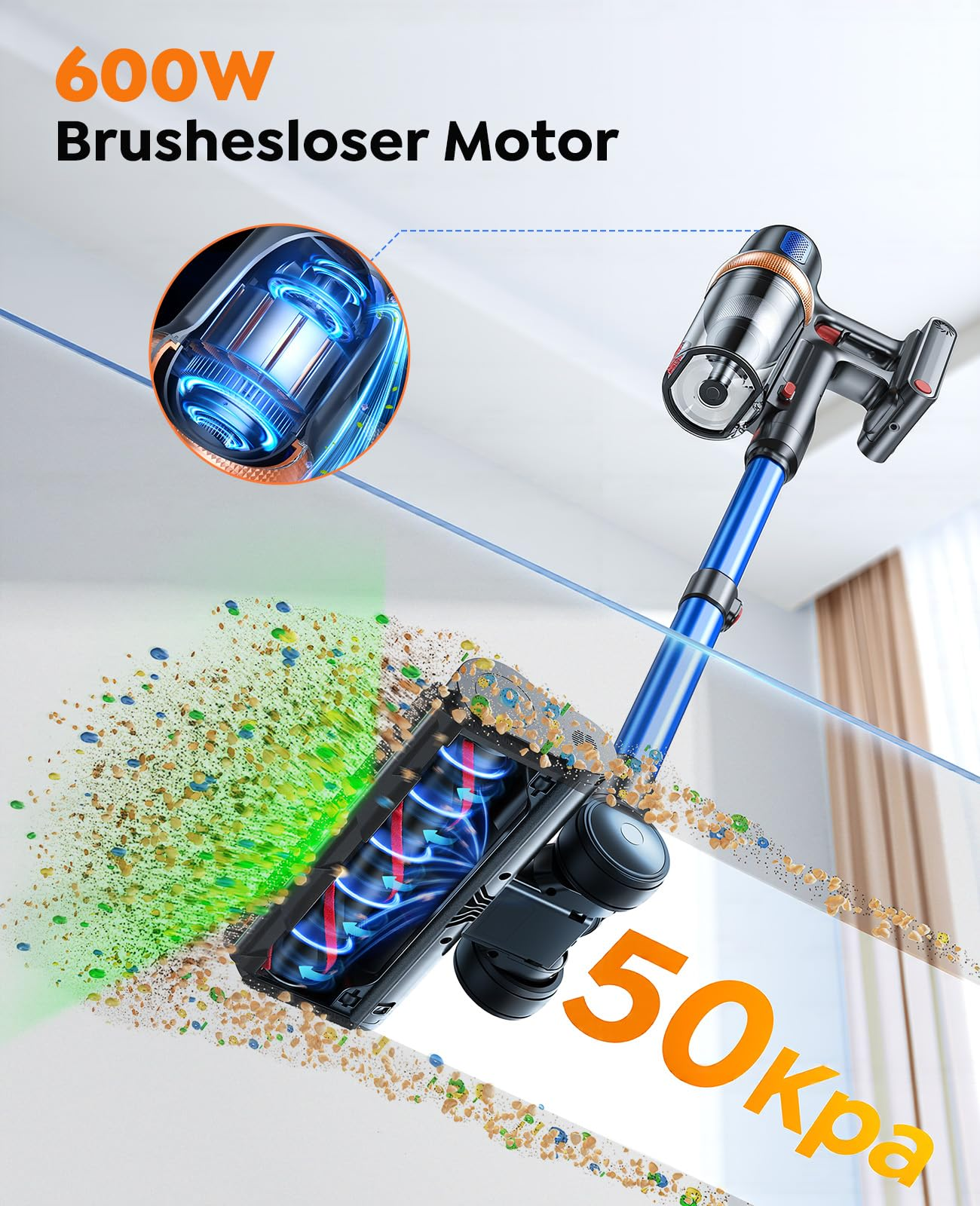 Un aspirapolvere senza fili blu con motore da 600W e 50kPa aspira detriti.