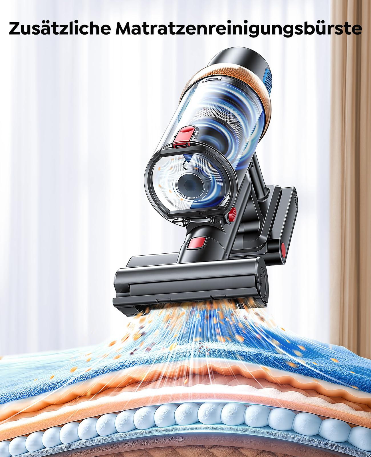 Aspirapolvere portatile pulisce un materasso, illustrato con polvere e strati.