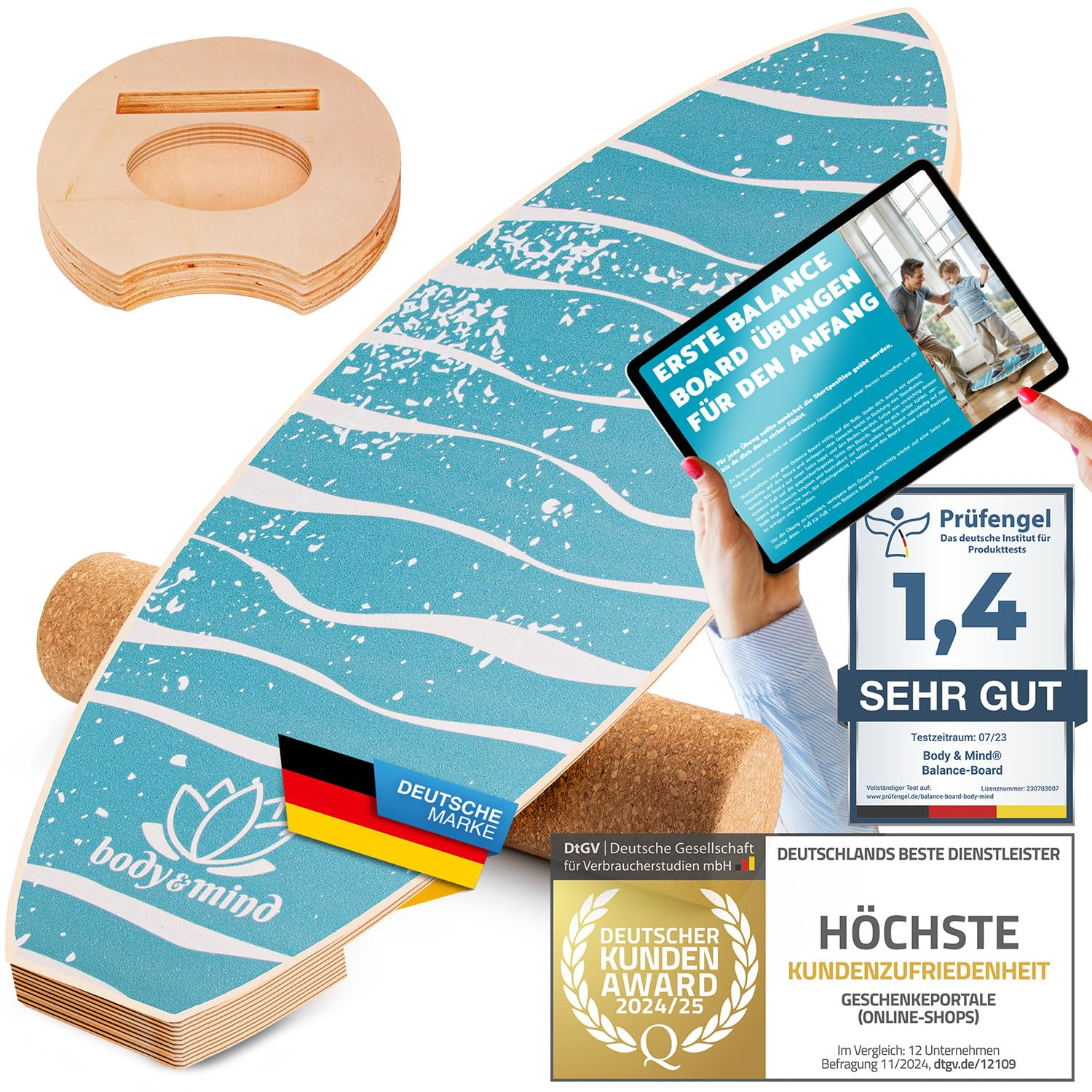Unabalance board blu e bianca con rullo in sughero, certificati e tablet.