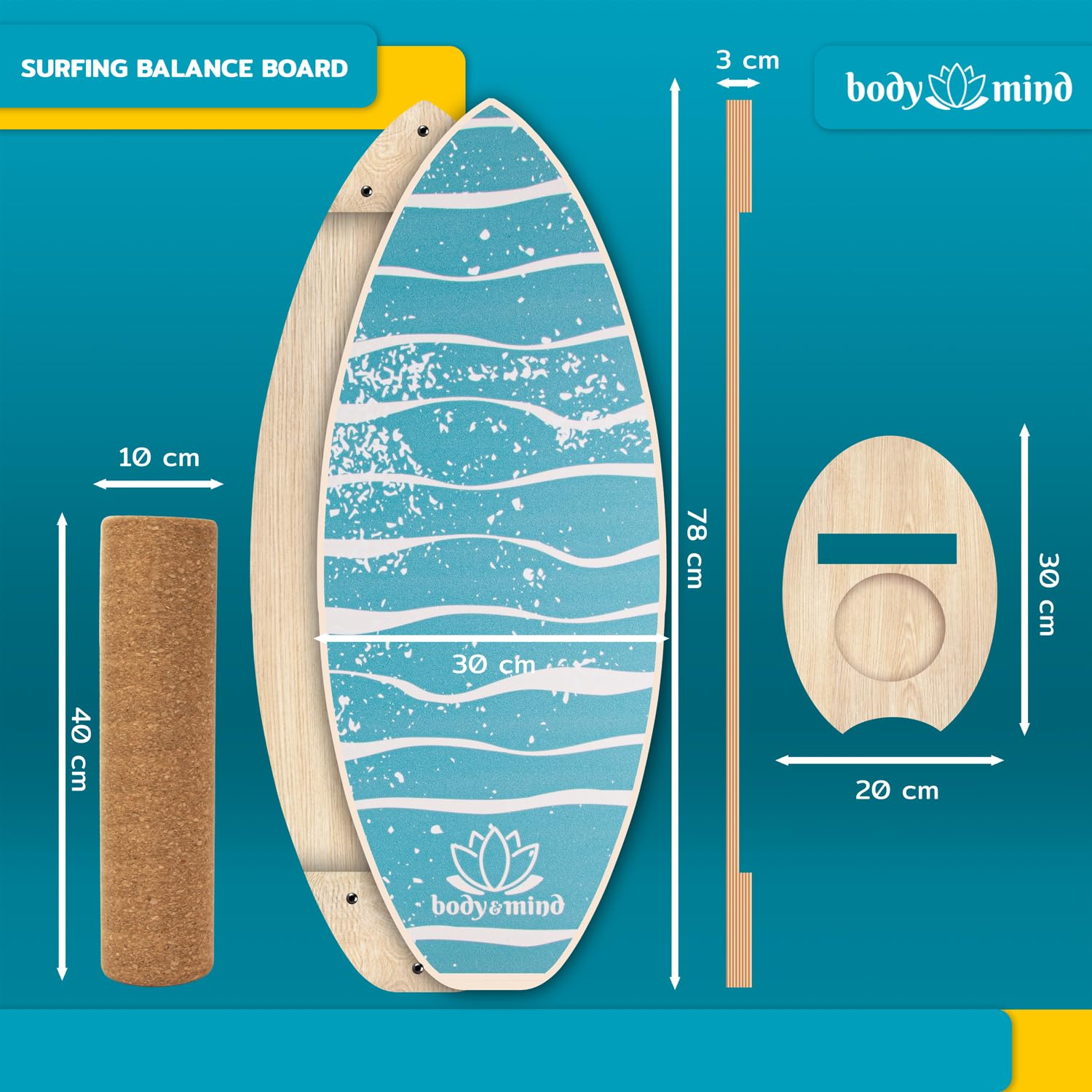 Tavola da equilibrio per surf con dimensioni, rullo di sughero e accessori.