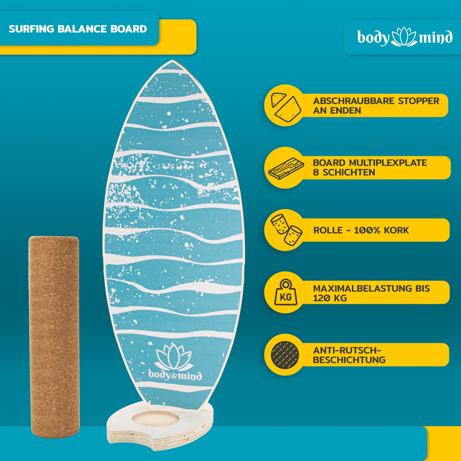 Tavola da equilibrio con rullo in sughero e onde blu, ideale per l'allenamento.