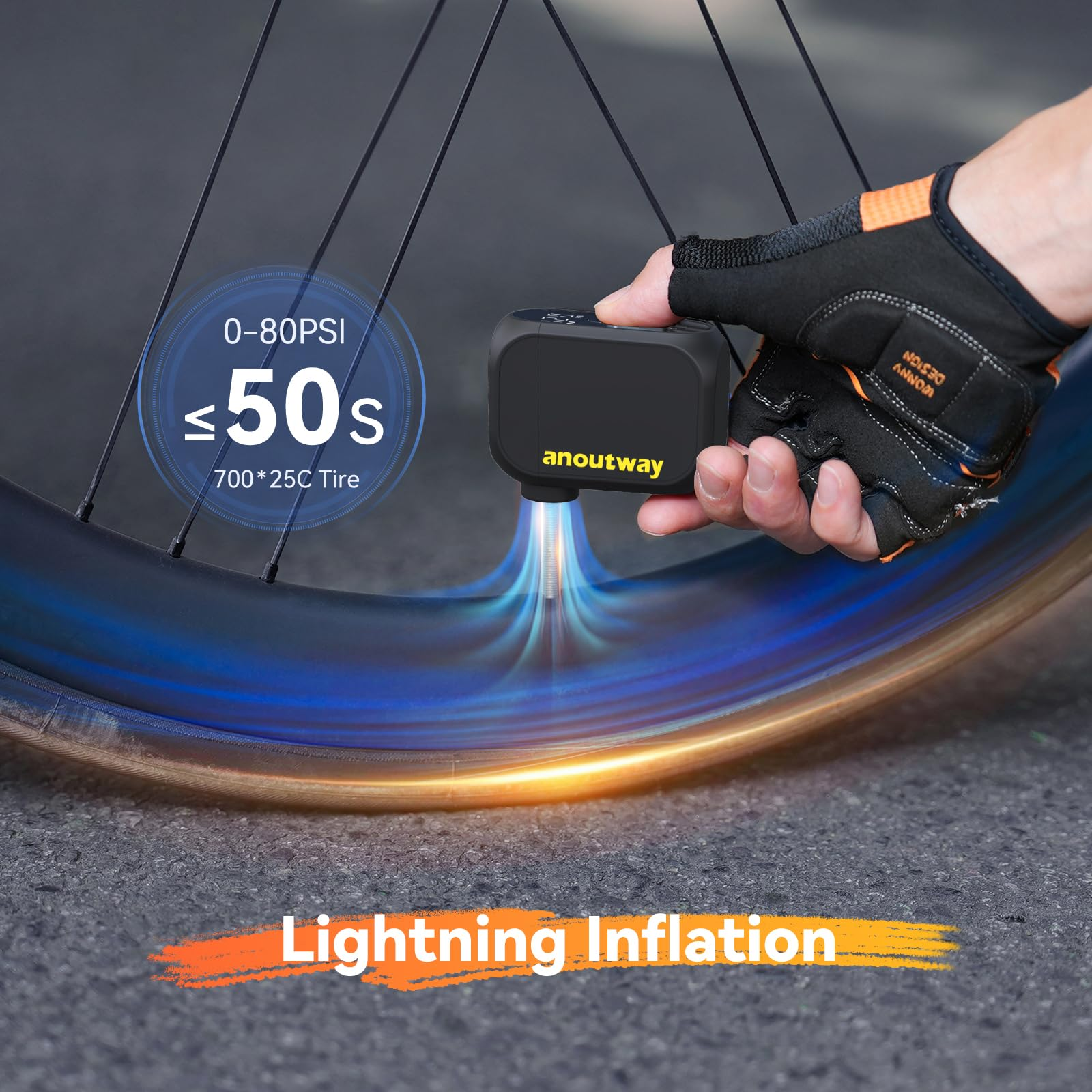 Eine Hand in einem Fahrradhandschuh nutzt eine kleine schwarze Pumpe, um einen Fahrradreifen aufzupumpen.