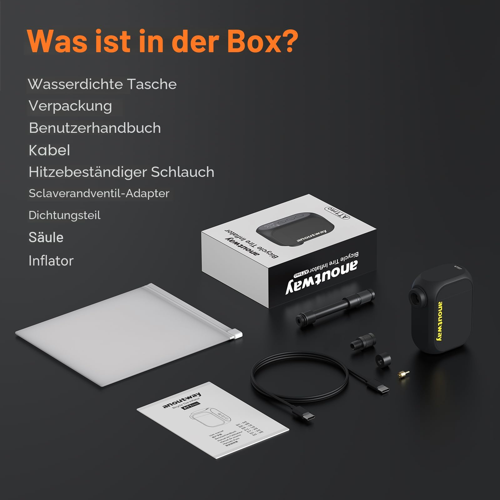 Anoutway-Fahrradreifen-Inflator mit Zubehör, Box und Handbuch auf schwarzem Hintergrund.