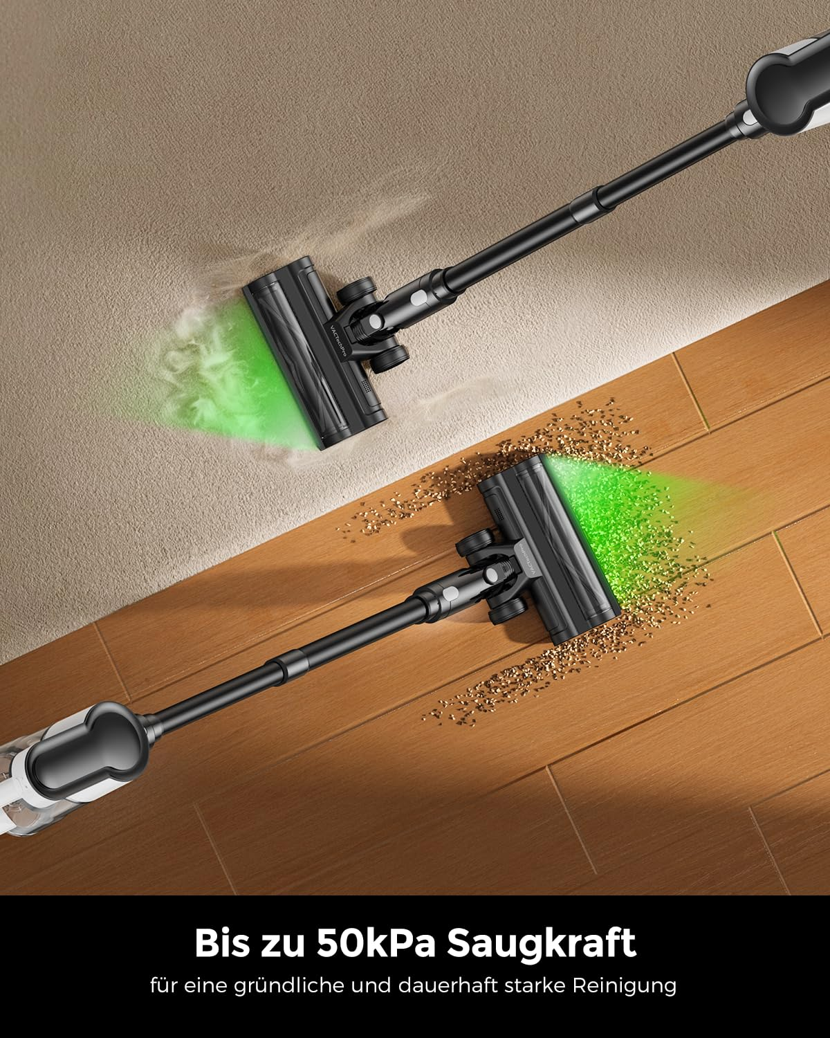 Due aspirapolvere senza filo puliscono tappeti e pavimenti in legno con luce verde.