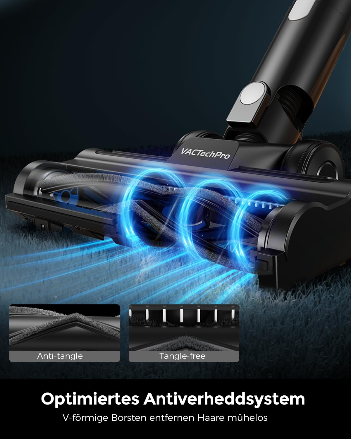 Testina di aspirapolvere con effetti di luce blu e testo anti-aggrovigliamento su sfondo blu.
