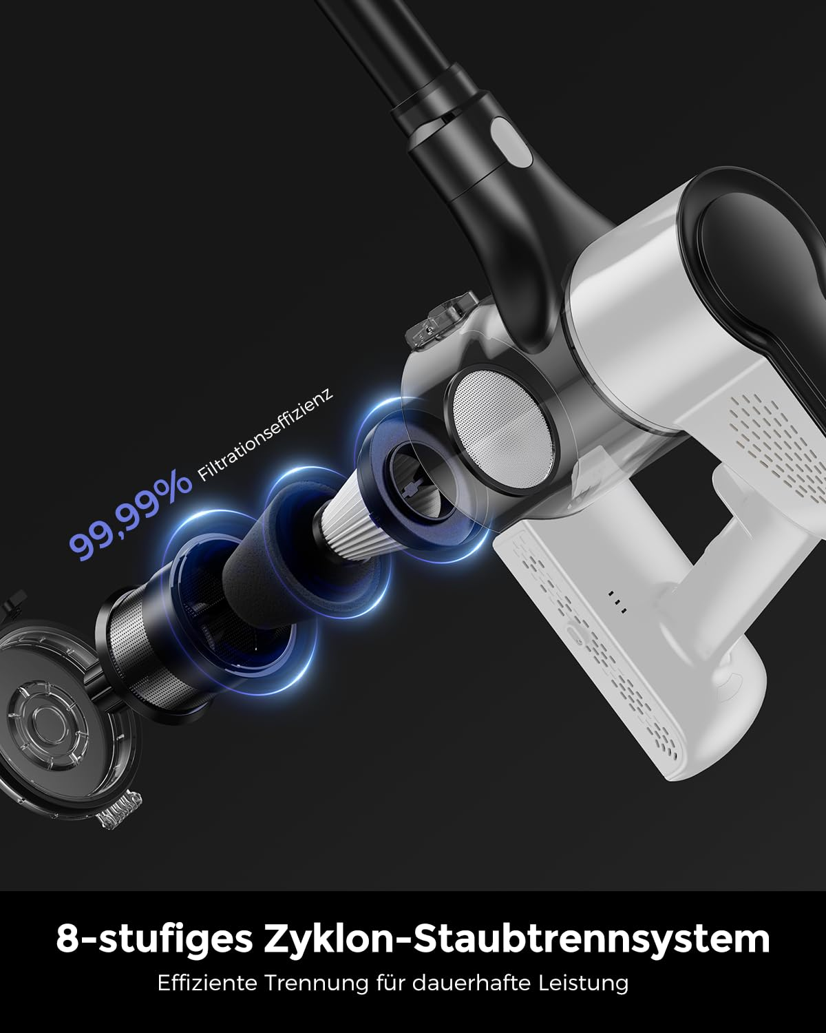Aspirapolvere senza fili bianco e nero con sistema di filtraggio esploso e separazione ciclonica a 8 stadi su sfondo nero.