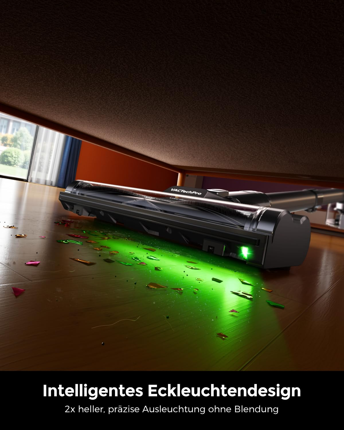 Un aspirapolvere illumina con luce verde sotto i mobili per mostrare lo sporco sul pavimento.