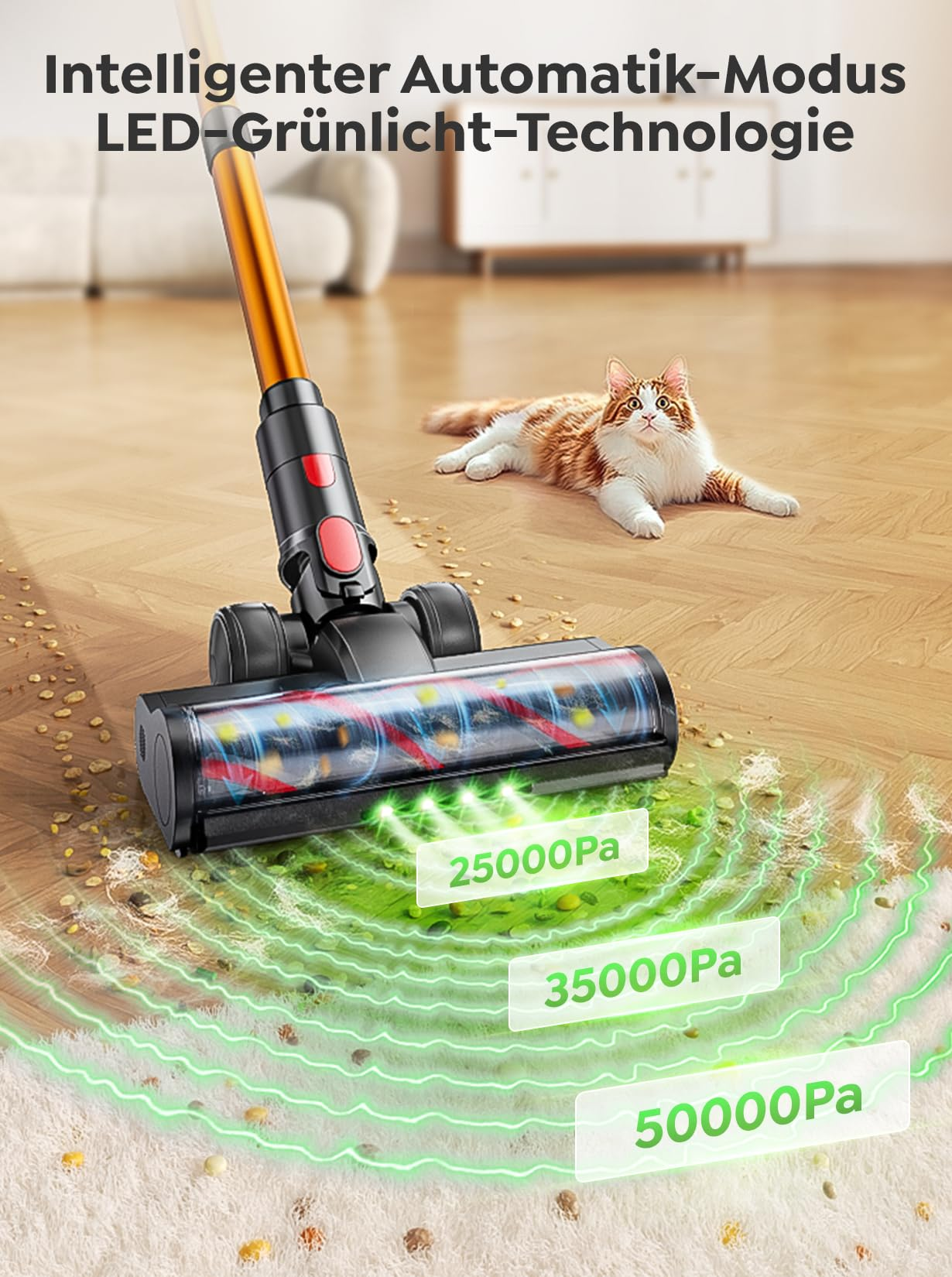 Un aspirapolvere senza fili pulisce parquet e tappeto mentre un gatto guarda, con testo.
