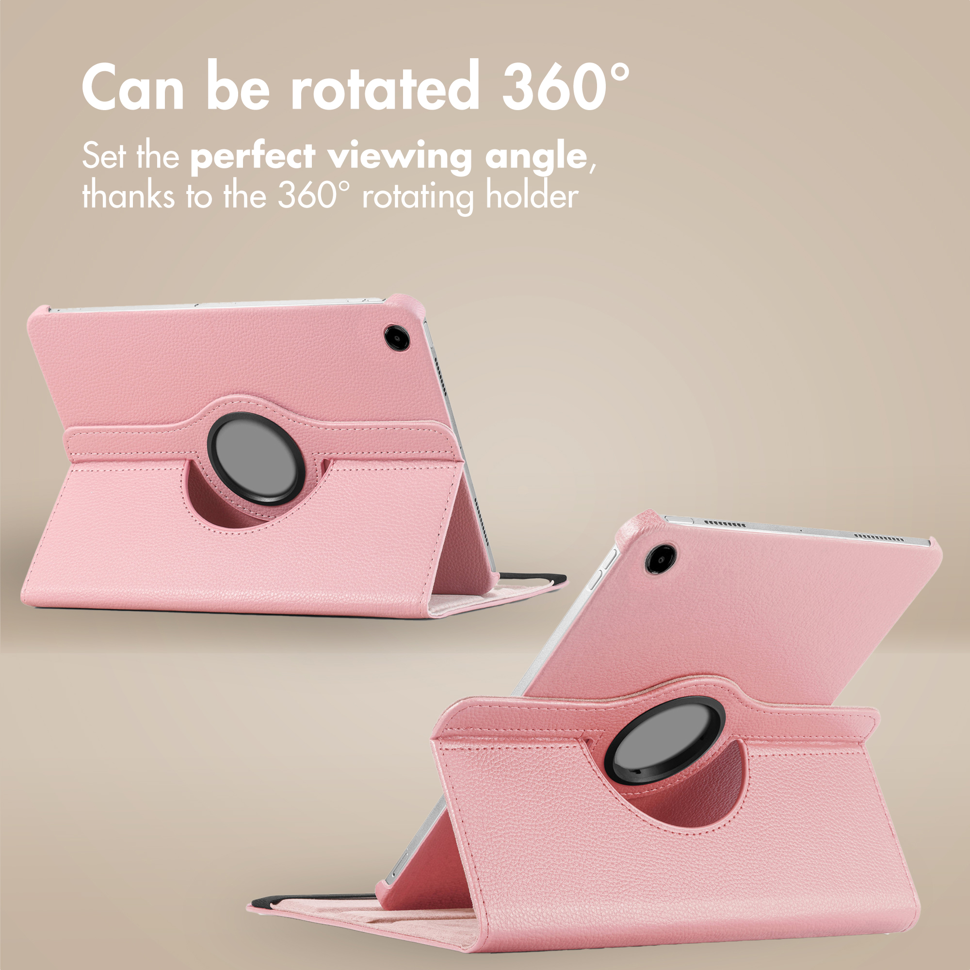 Two pink tablet cases with a rotating stand against a beige background.