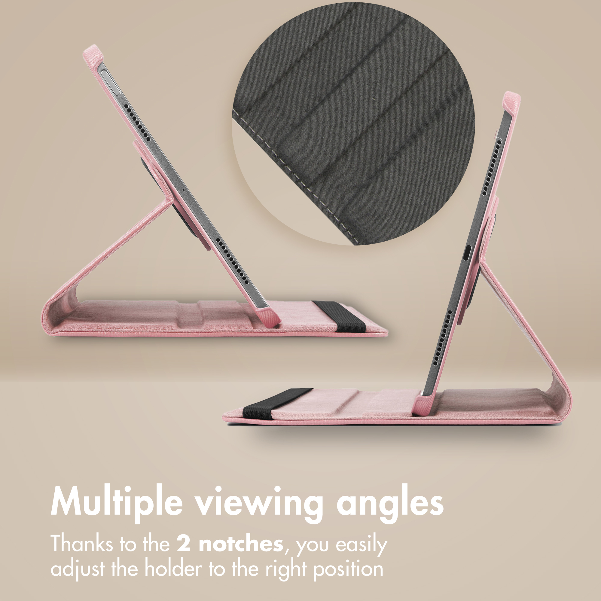 Pink tablet case showing two different standing angles with a close-up detail.