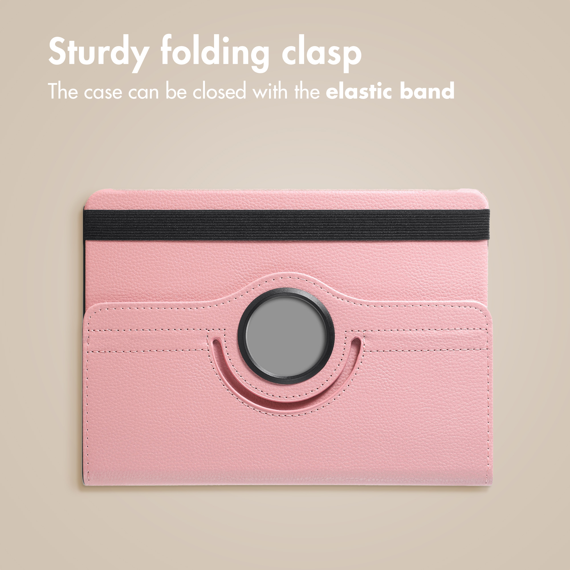 Pink tablet case with a black elastic band and a round logo in the center.