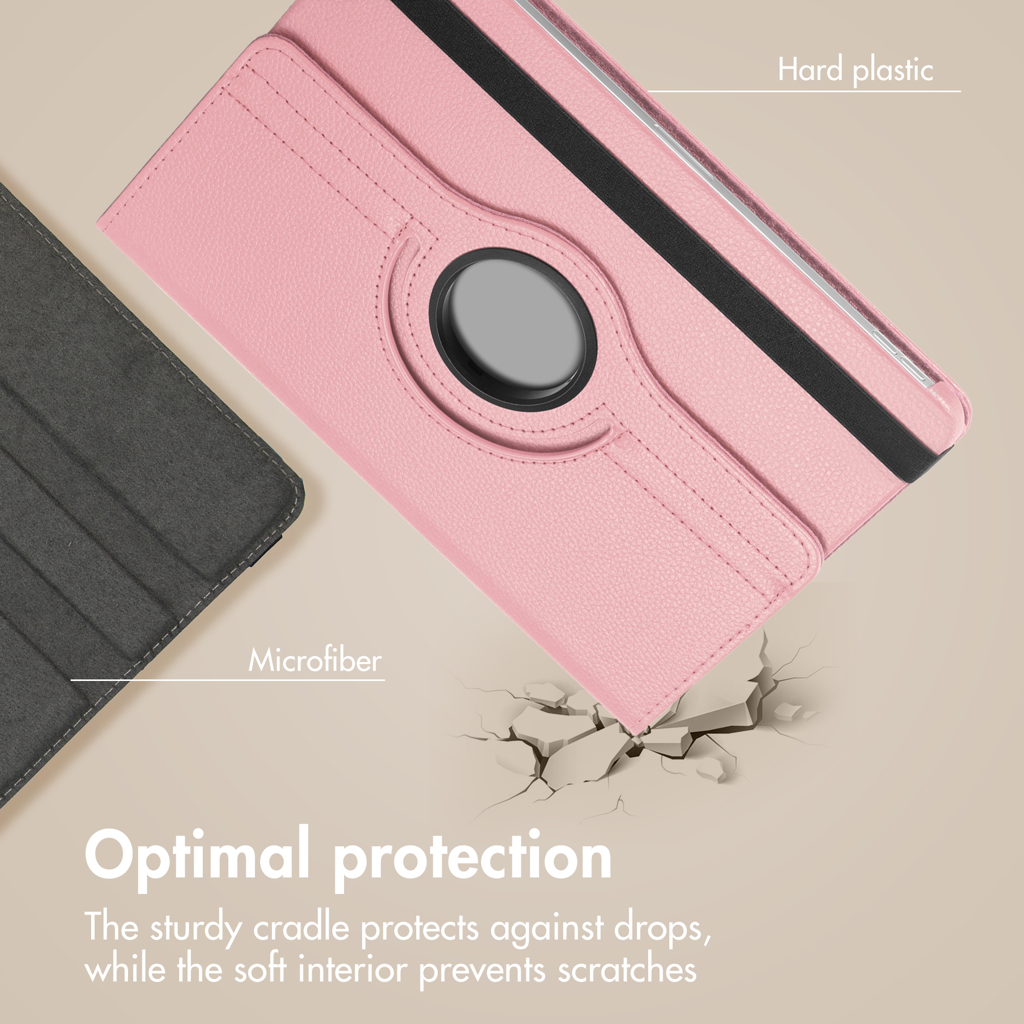 Pink tablet case with hard plastic and microfiber interior on beige background with text.