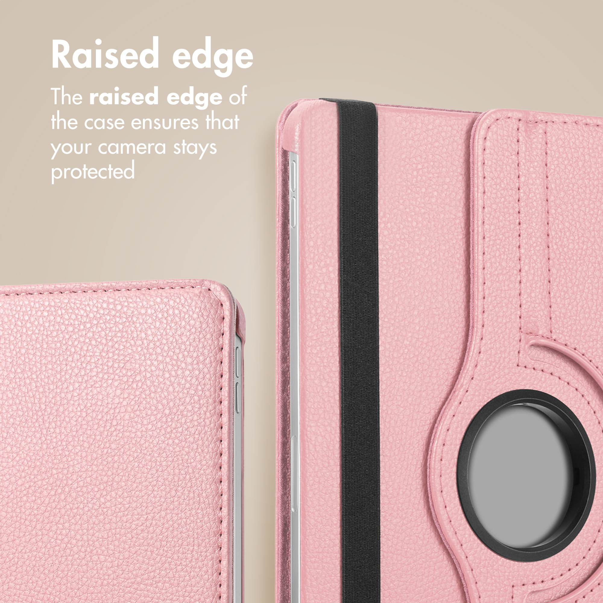 Pink textured tablet cases with a black elastic band and text about camera protection on the left.