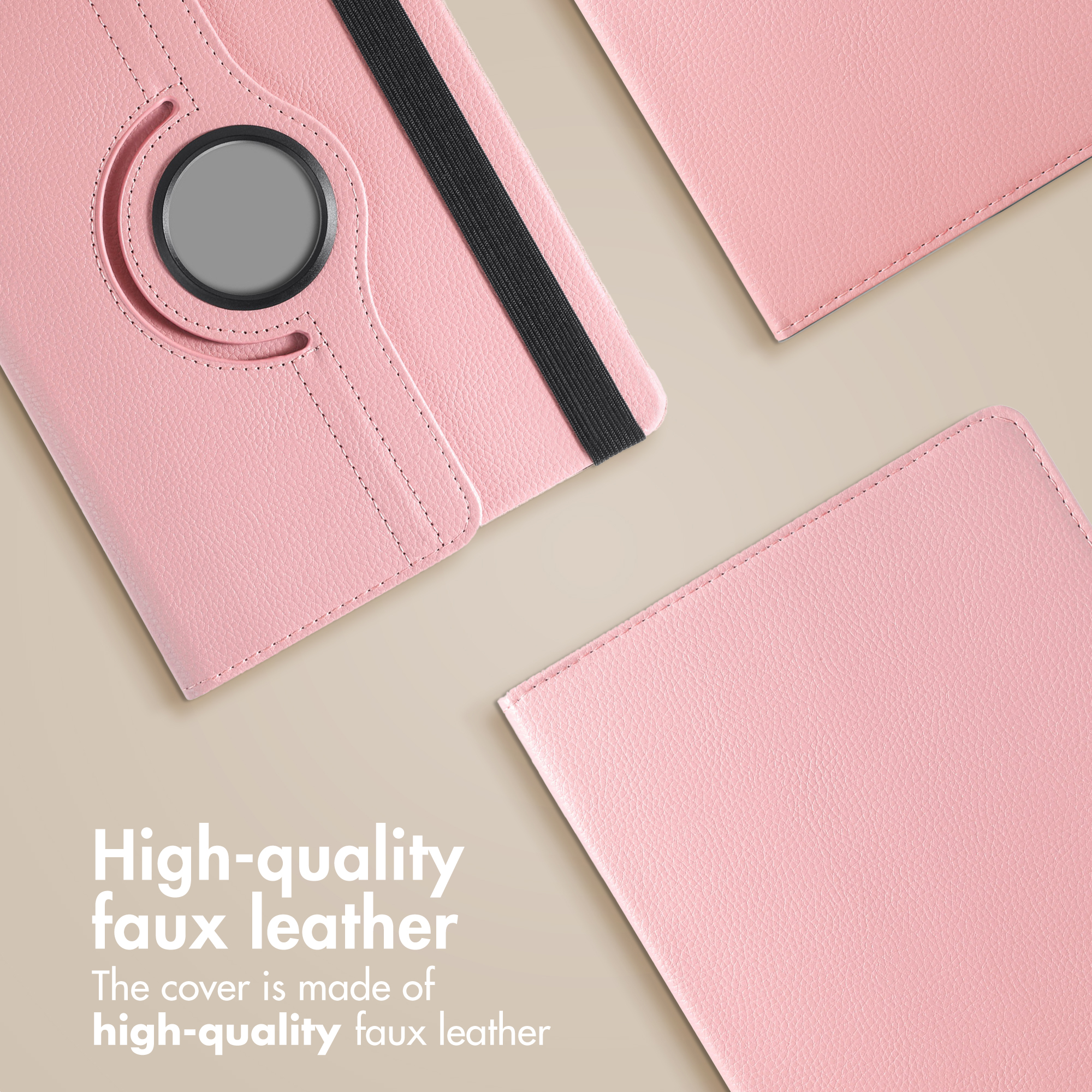 Three pink faux leather tablet covers are arranged on a beige background with white promotional text.