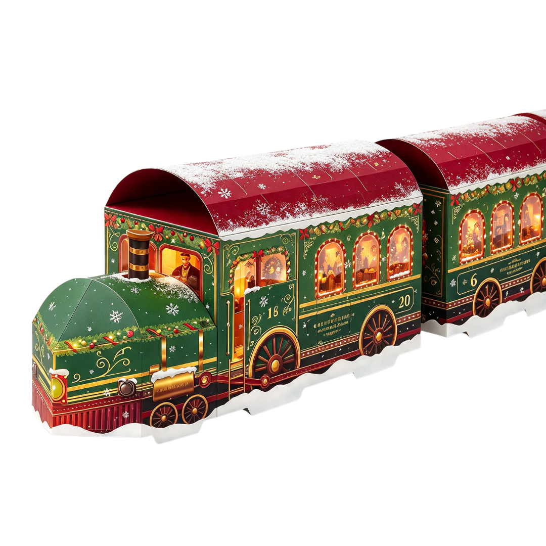 Ein beleuchteter, weihnachtlicher Adventskalender in Form eines grünen und roten Spielzeugzugs mit Schneemotiv.