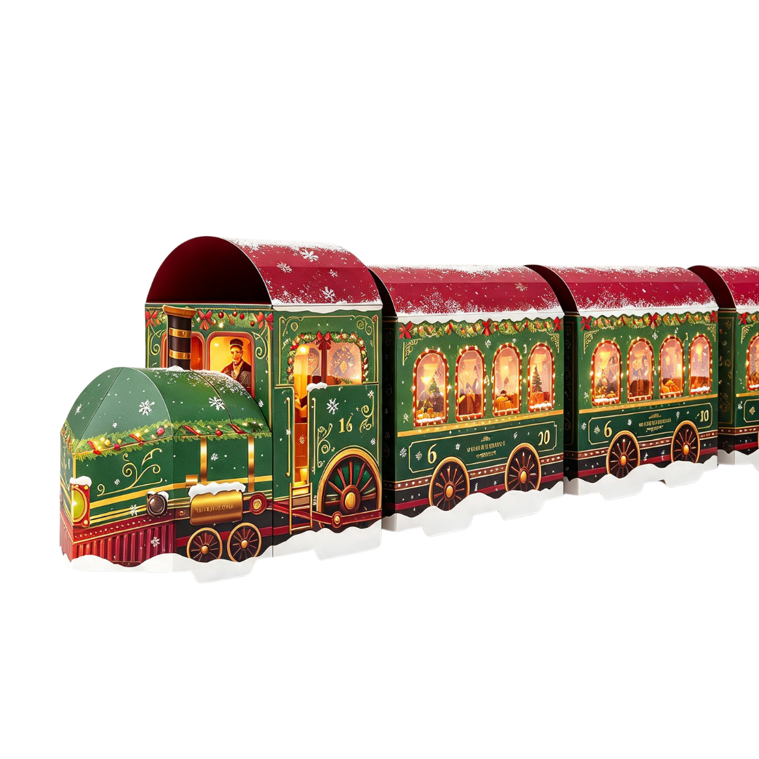 Ein beleuchteter, weihnachtlicher Adventskalender in Form eines grünen und roten Zuges auf weißem Grund.