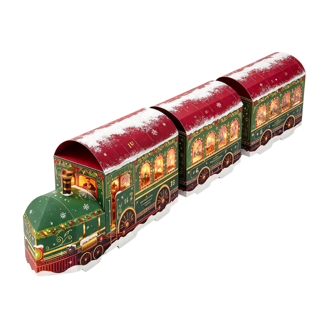 Ein beleuchteter Weihnachtszug aus Pappe mit grünen Waggons, roten Dächern und künstlichem Schnee auf einer weißen Fläche.