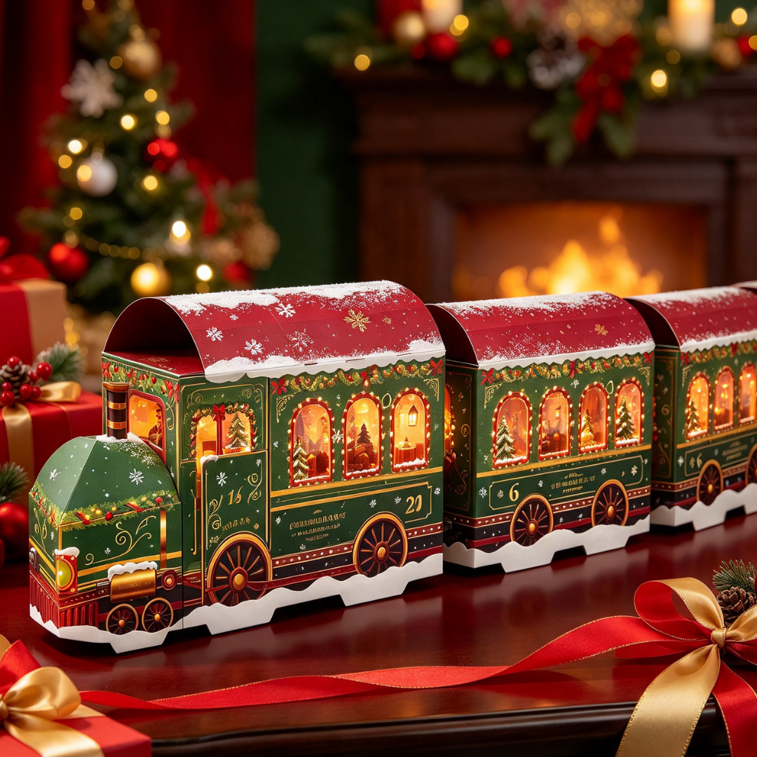 Ein beleuchteter Adventskalender in Zugform steht vor einem Weihnachtsbaum und Kamin.