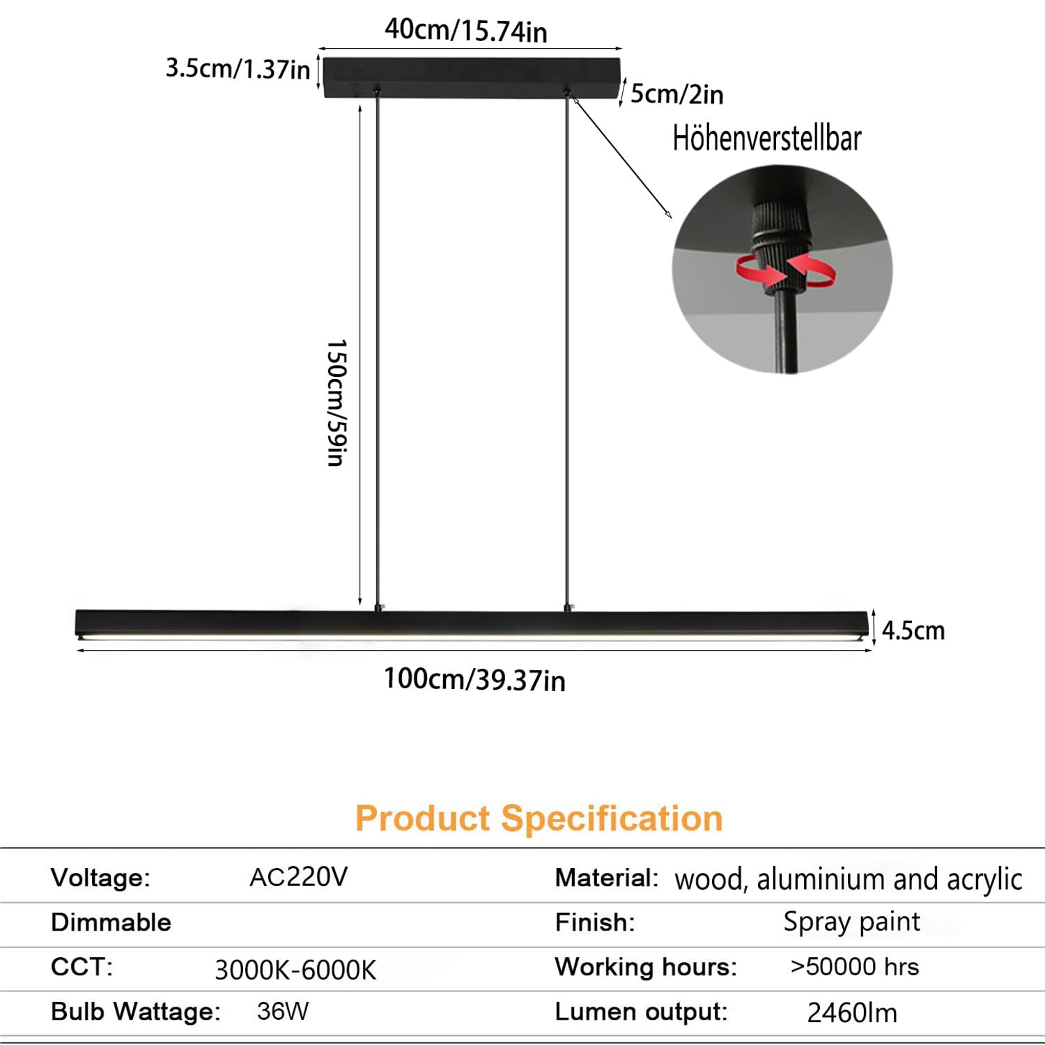 Technische Zeichnung einer schwarzen LED-Hängeleuchte mit Maßangaben und Produktdaten.
